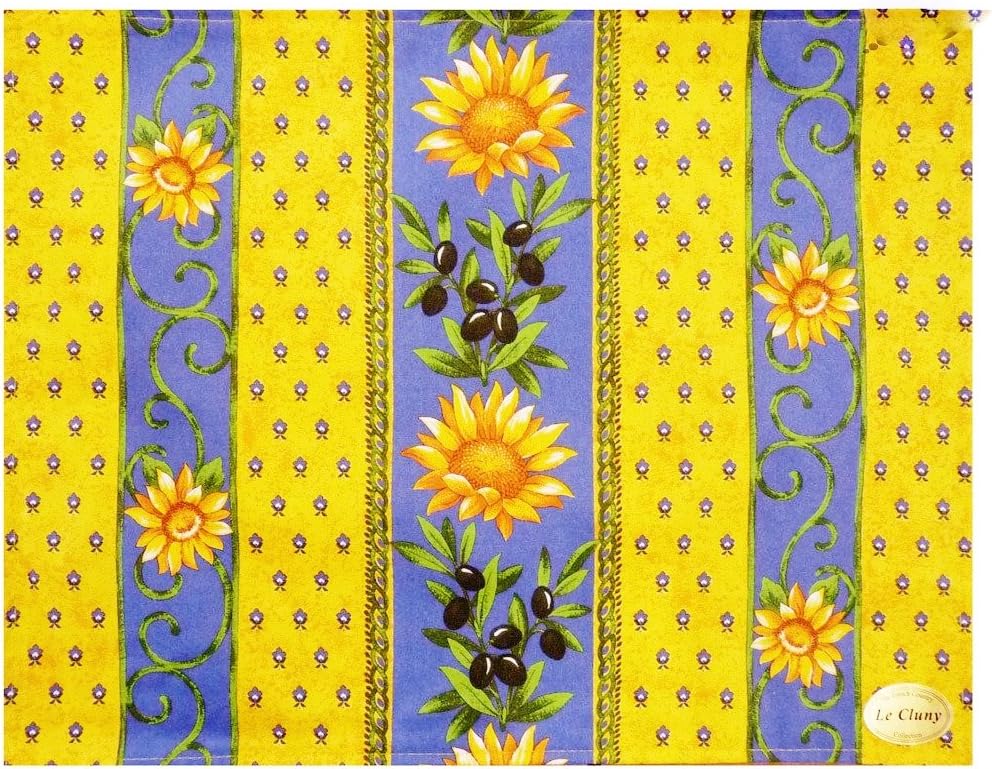 68" Round Sunflower Blue Cotton Coated Provence Tablecloth by Le Cluny