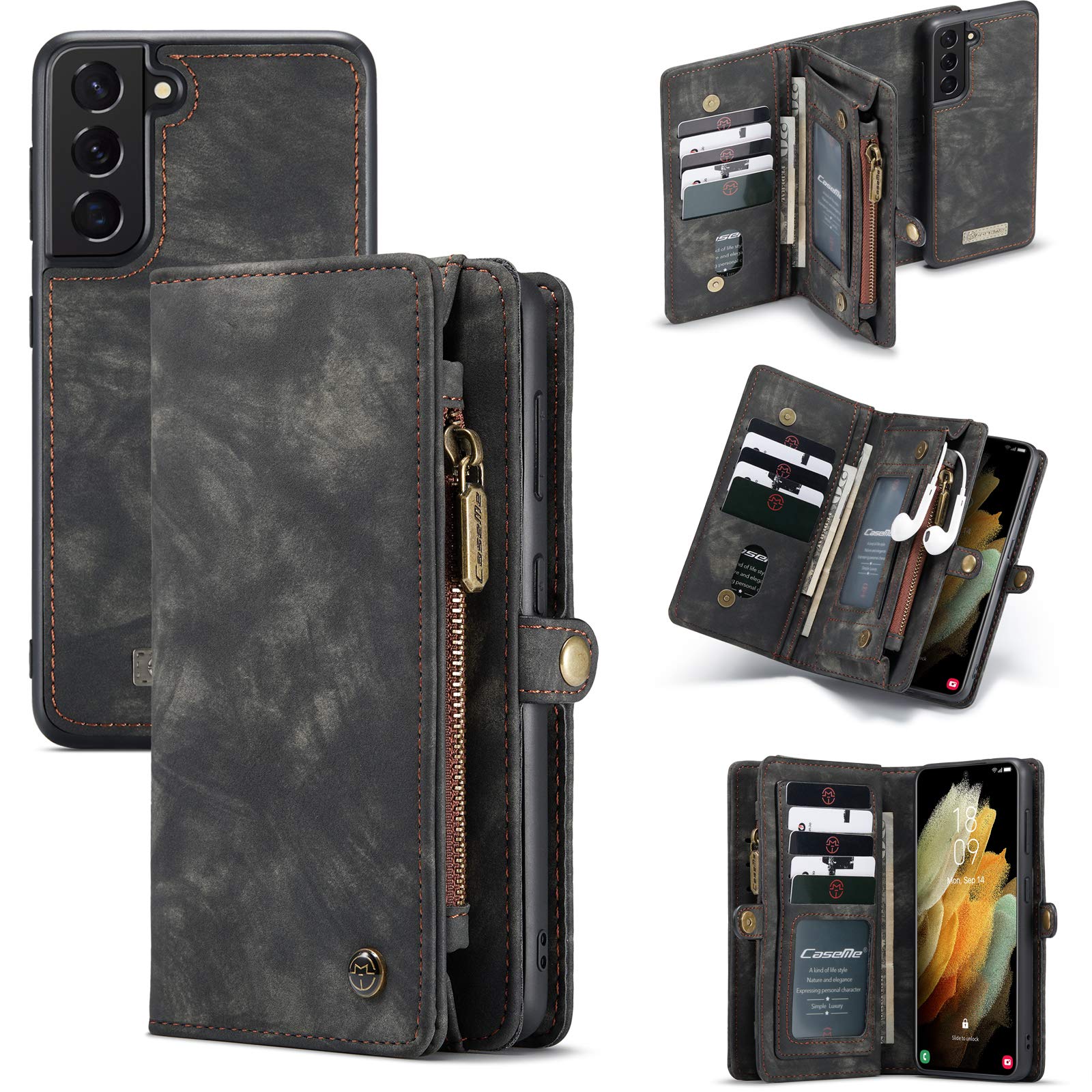 Galaxy S21 Wallet Case,AKHVRS Handmade Premium Cowhide Leather Wallet Case,Zipper Wallet Case [Magnetic Closure] Detachable Magnetic Case & Card Slots for Samsung Galaxy S21 (Black)