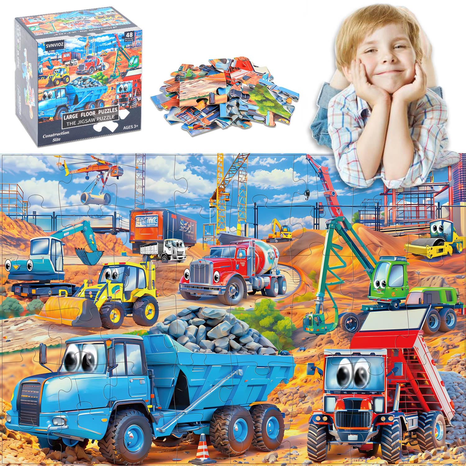 Jumbo Floor Puzzle for Kids,Building Construction Site Large Jigsaw 48 Piece with Engineering Vehicles Car,Toddler Learning Preschool Educational Toys 3-5 4-8 Years Old Gift for Boys