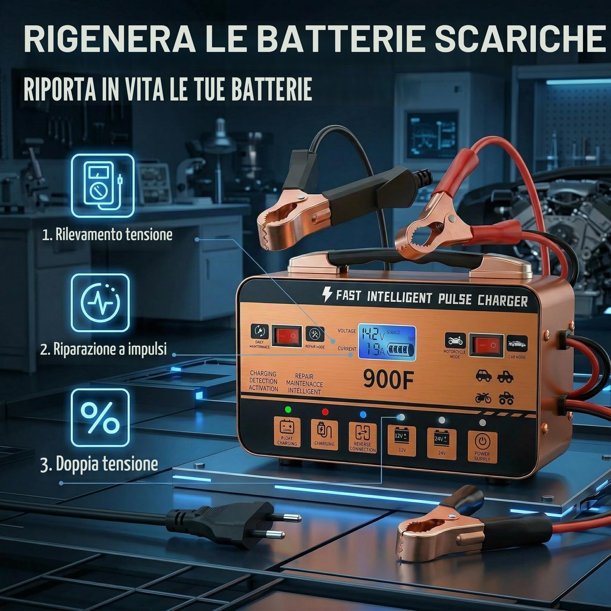 Caricabatteria da 12 V 24 V Puls Intelligente – Caricatore di riparazione automatico con modalità estiva e protezione a 6 livelli, per auto, camion, moto, scooter e barche