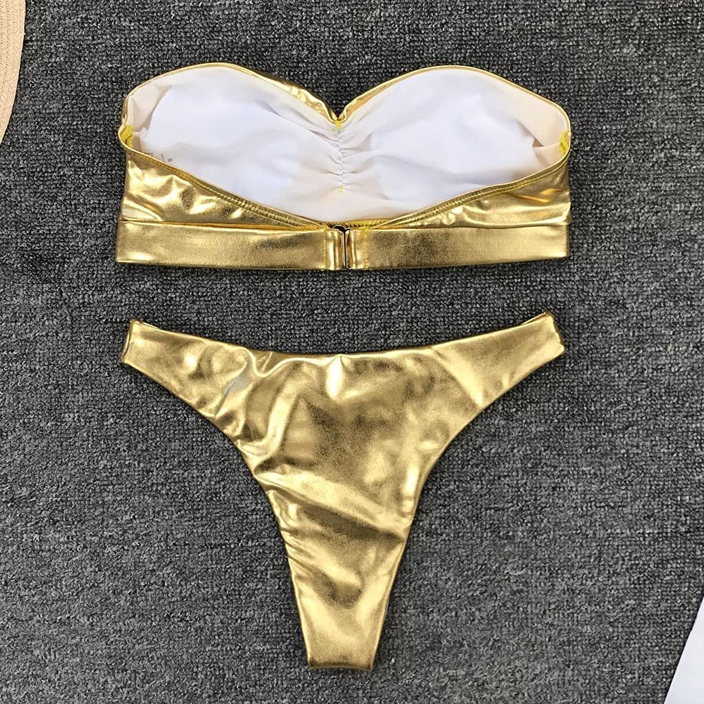 Amazon.co.jp: 女性ゴールドビキニセットストラップレスレザー水着