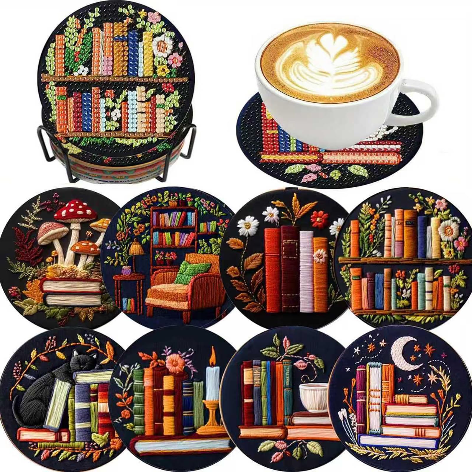 8 Pcs Bookshelf Diamond Painting Coasters with Holder, 9.8cm Acrylic DIY Small Diamond Art Kit, Arts and Crafts for Adults Table Decor-image-31