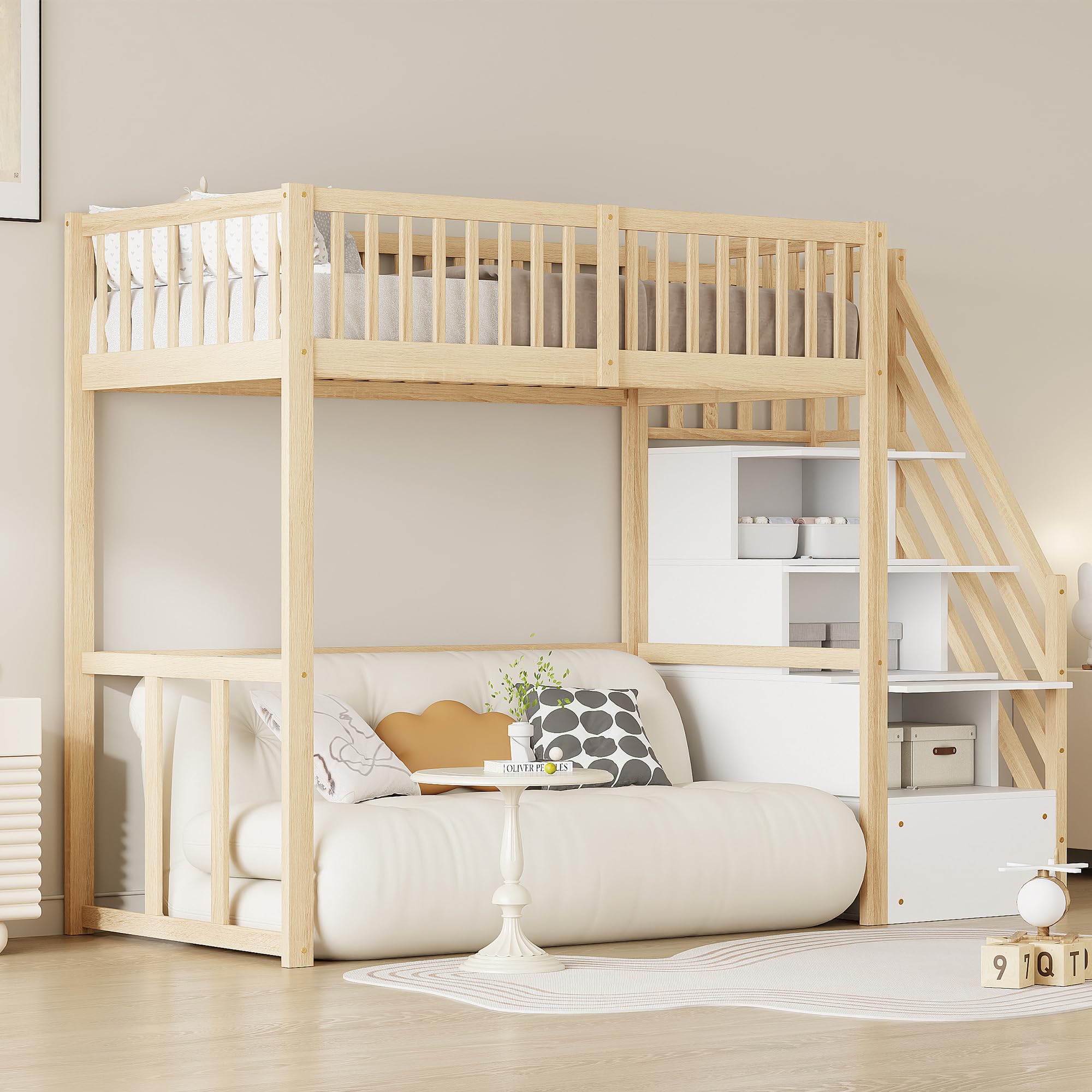 Letto a soppalco per bambini, 90 x 200 cm, con scala di sicurezza e vano portaoggetti, letto per ragazzi in legno di pino massiccio con rete a doghe, letto singolo per la cameretta dei bambini, letto