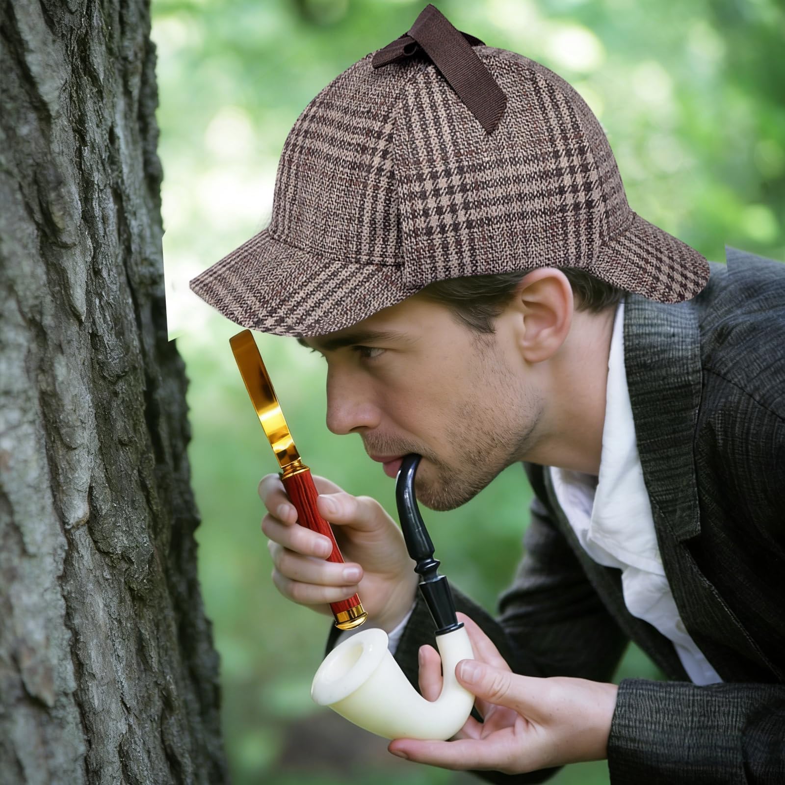 5-częściowy zestaw akcesoriów do kostiumu detektywa, Sherlock Holmes, akcesoria do kostiumu z kapeluszem detektywa, okularami, sztuczne wąsy, lupa, mucha, detektywa, Cosplay, rekwizyty na karnawał,