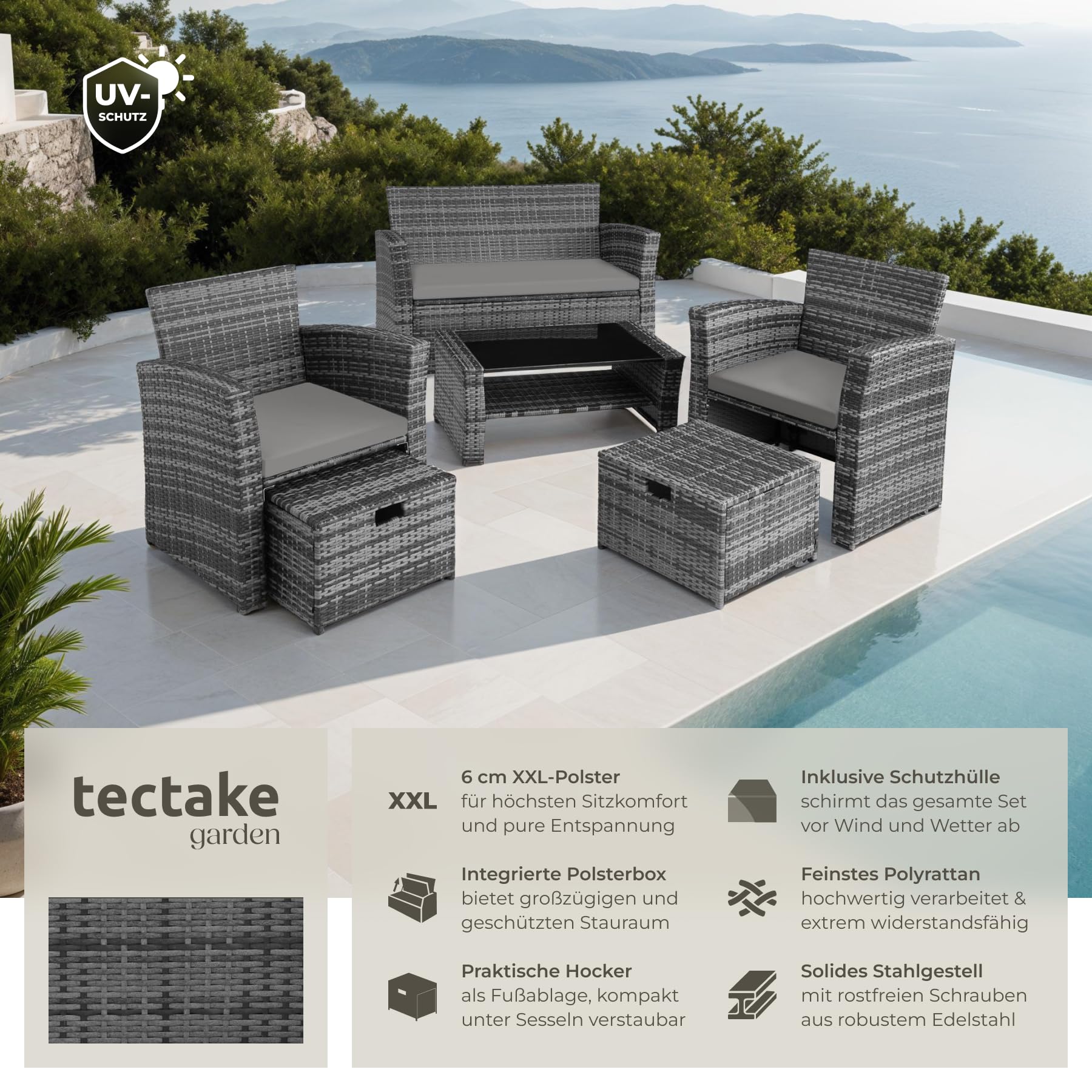 tectake Polyrattan Garten Sitzgruppe für 4 Personen mit Hocker, Rattan Gartenmöbel Set mit eingebauter Auflagenbox in der Sitzbank, Garten und Balkon Möbel - grau