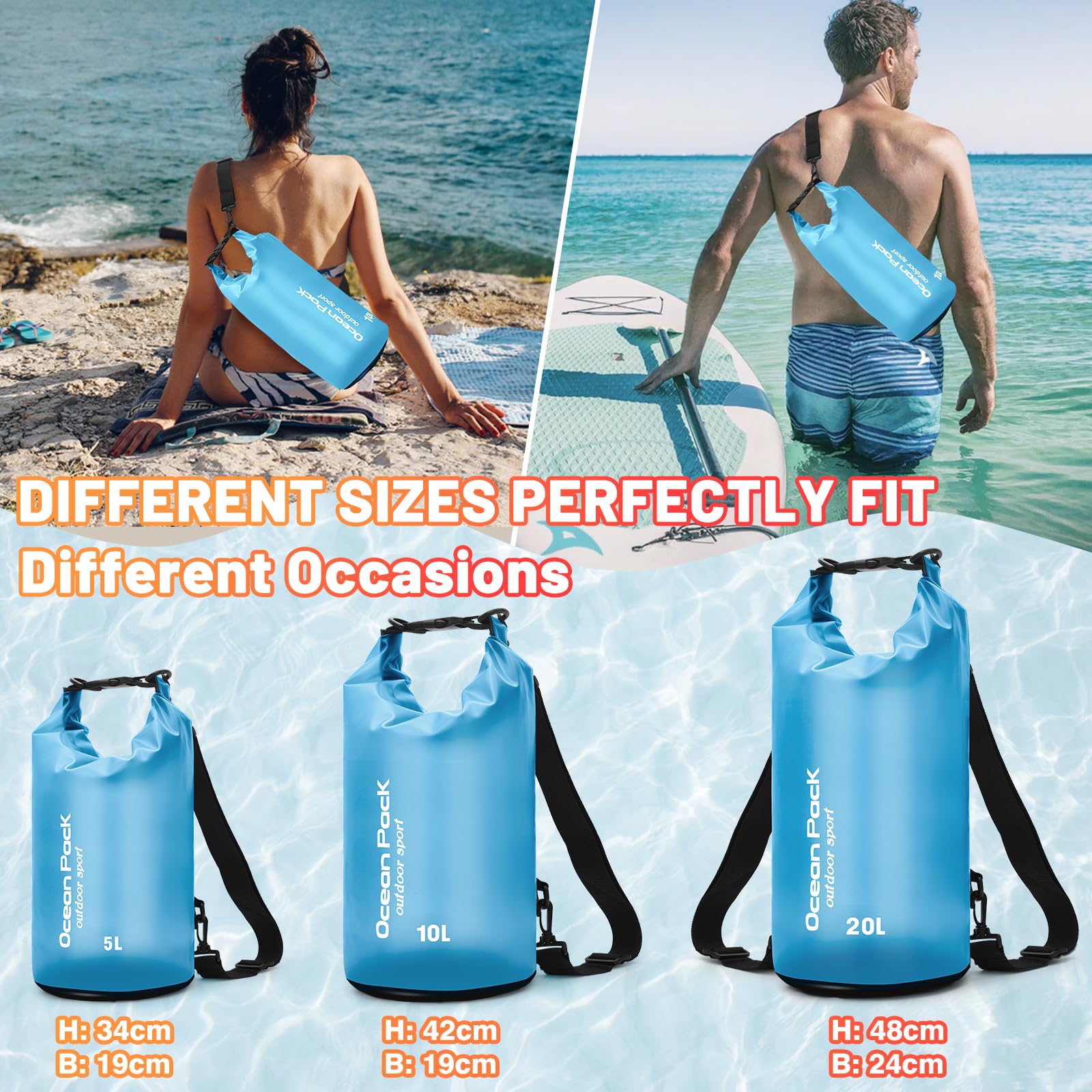 KUOGAS Sacca Stagna con Borsa Impermeabile & Cinghie – Zaino Impermeabile per Outdoor, Campeggio & Sport Acquatici | 5L, 10L, 20L | Leggero & Resistente | Borsa Impermeabile (Blu, 20 L)