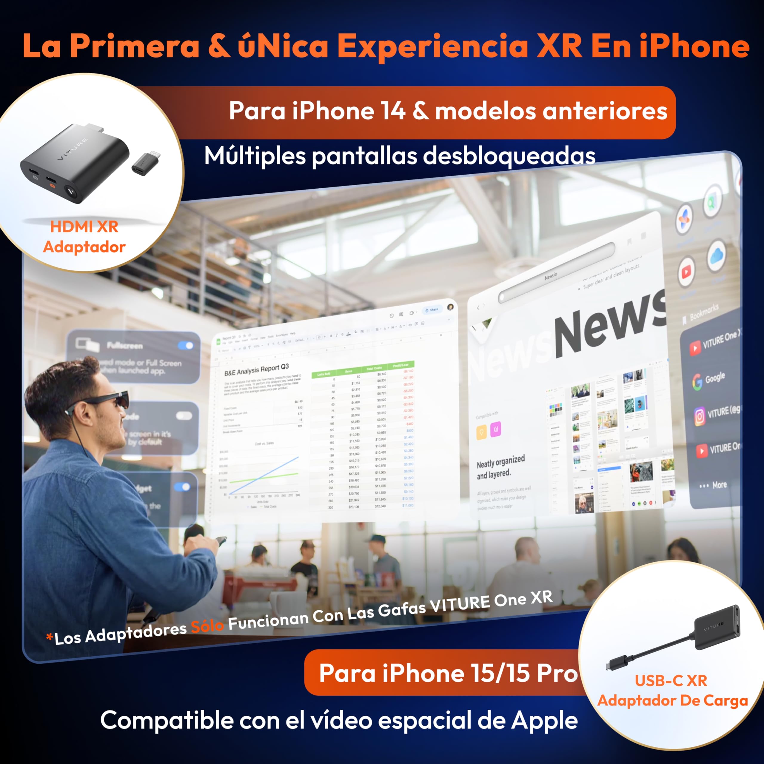 VITURE Adaptador HDMI XR para iPhone 14 y Modelos anteriores, con MultiScreen, 3DoF Mejorado y Videos VR, 2,8 Horas de batería, Carga Mientras juegas, Juego Directo en PS/Xbx/Consolas de Videojuegos