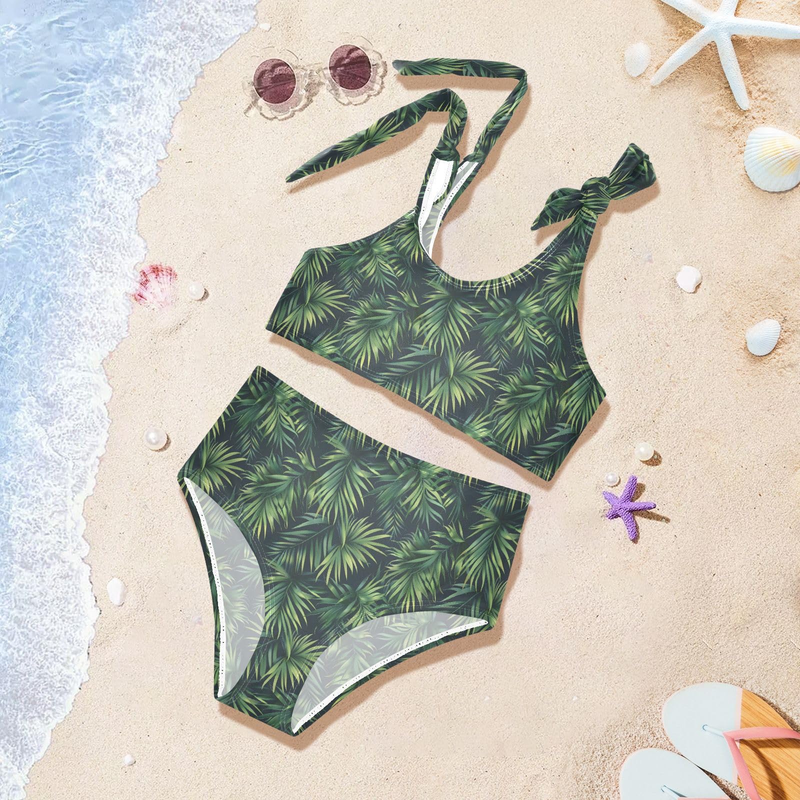 Trees Leaf Girls Two Piece Tankini Swimsuits Summer Bathing Suit Beach Swimwear Set, 9-10T Multicoloured