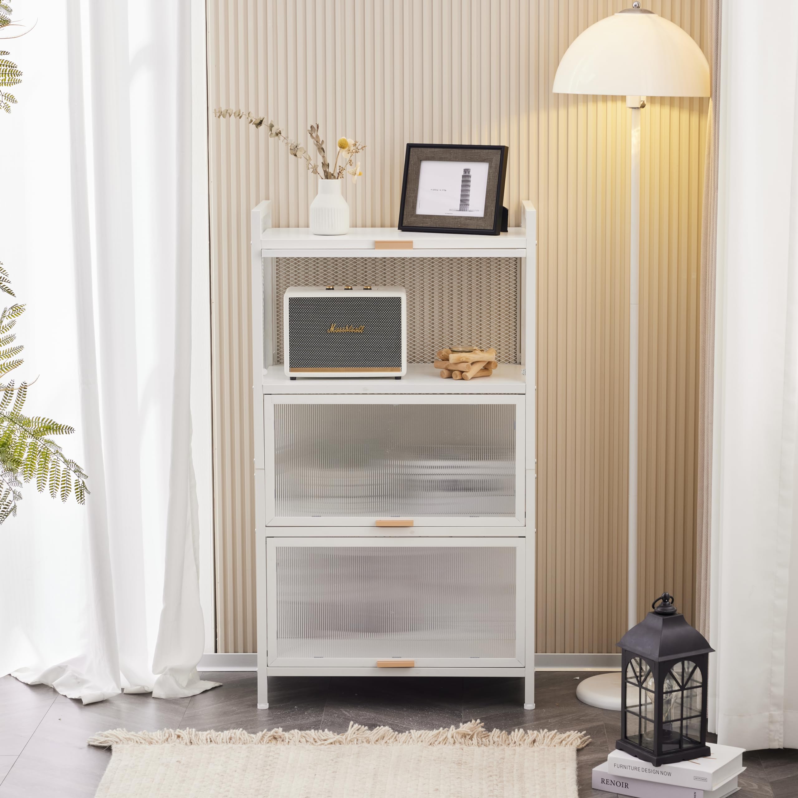 LEADZM 4-stufiges Küchenschrank, Buffetschrank, Küchenregale Stehend, Mikrowellenschrank mit halbtransparenter PC-Tür, Bäckerregal, Standregal, Lagerregal für Küche Wohnzimmer (Weiß, 4)