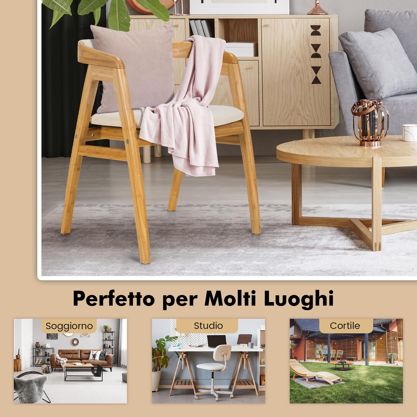 RELAX4LIFE Sedia da Pranzo in Bambù con Seduta Imbottita, 56x54x74cm