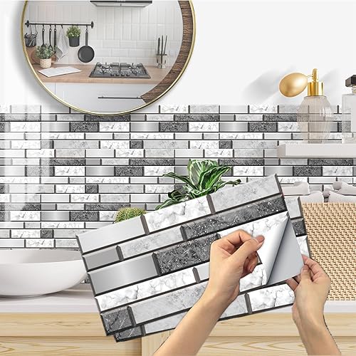 Papel tapiz autoadhesivo de 12 hojas, azulejos de metro de 6 x 12 pulgadas, azulejos de pared autoadhesivos impermeables de PVC para salpicaduras,