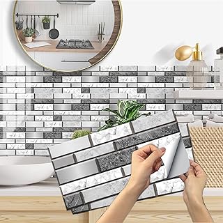 12 Sheets Tile Stickers for Bathroom, BYLife Self Adhesive Wall Tiles Waterproof Stick on Tile 15x30cm Transfers Stickers Subway Tiles for Kitchen Home Decor DIY
