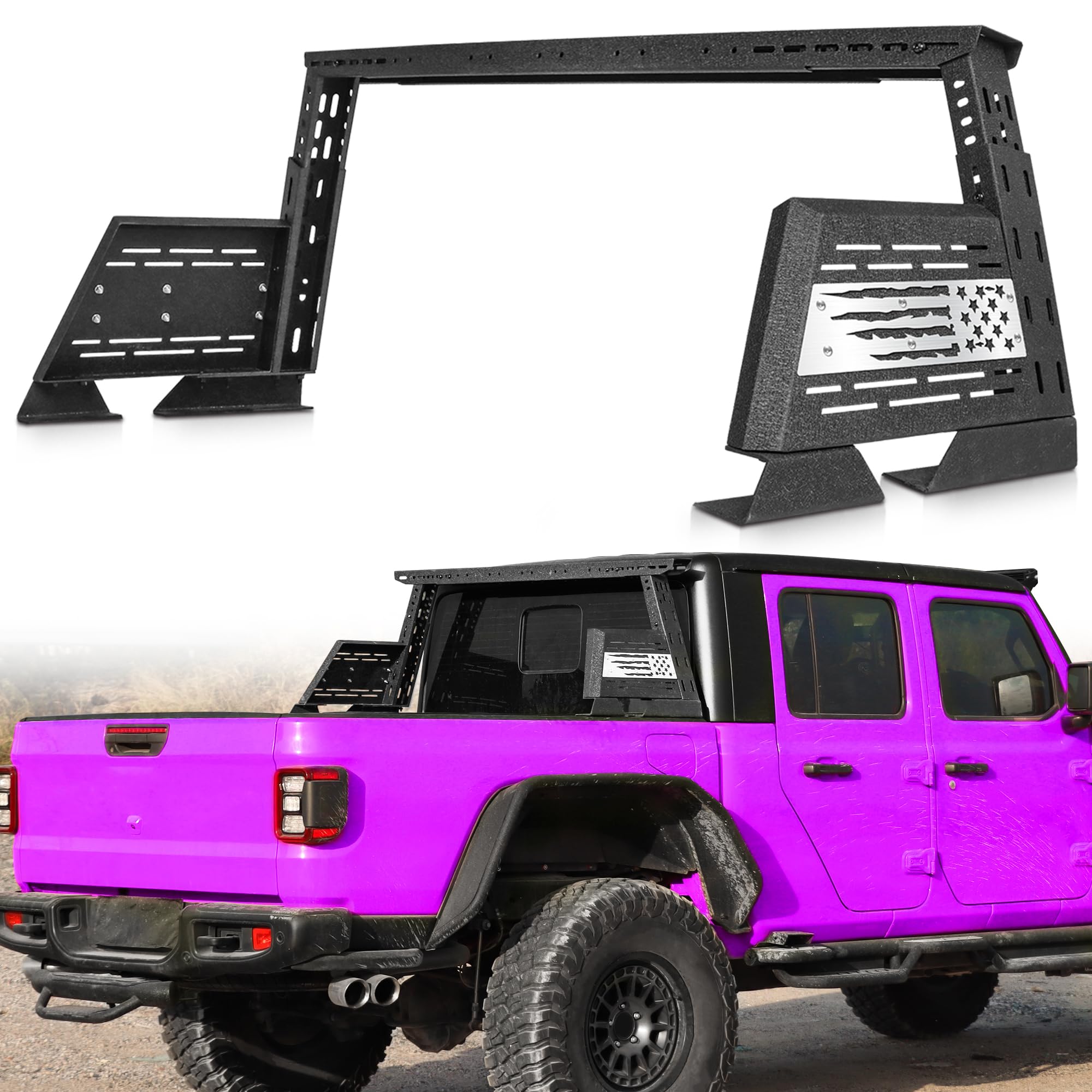 MONOKING Adjustable Roll Bar Chase Rack for Mid Size Truck, Sport Bar Compatible with Tonneau Cover for 2007-2026 Tacoma Gladiator JT Ranger Colorado Canyon Frontier, DIY USA Flag MOLLE Panel Bed Rack