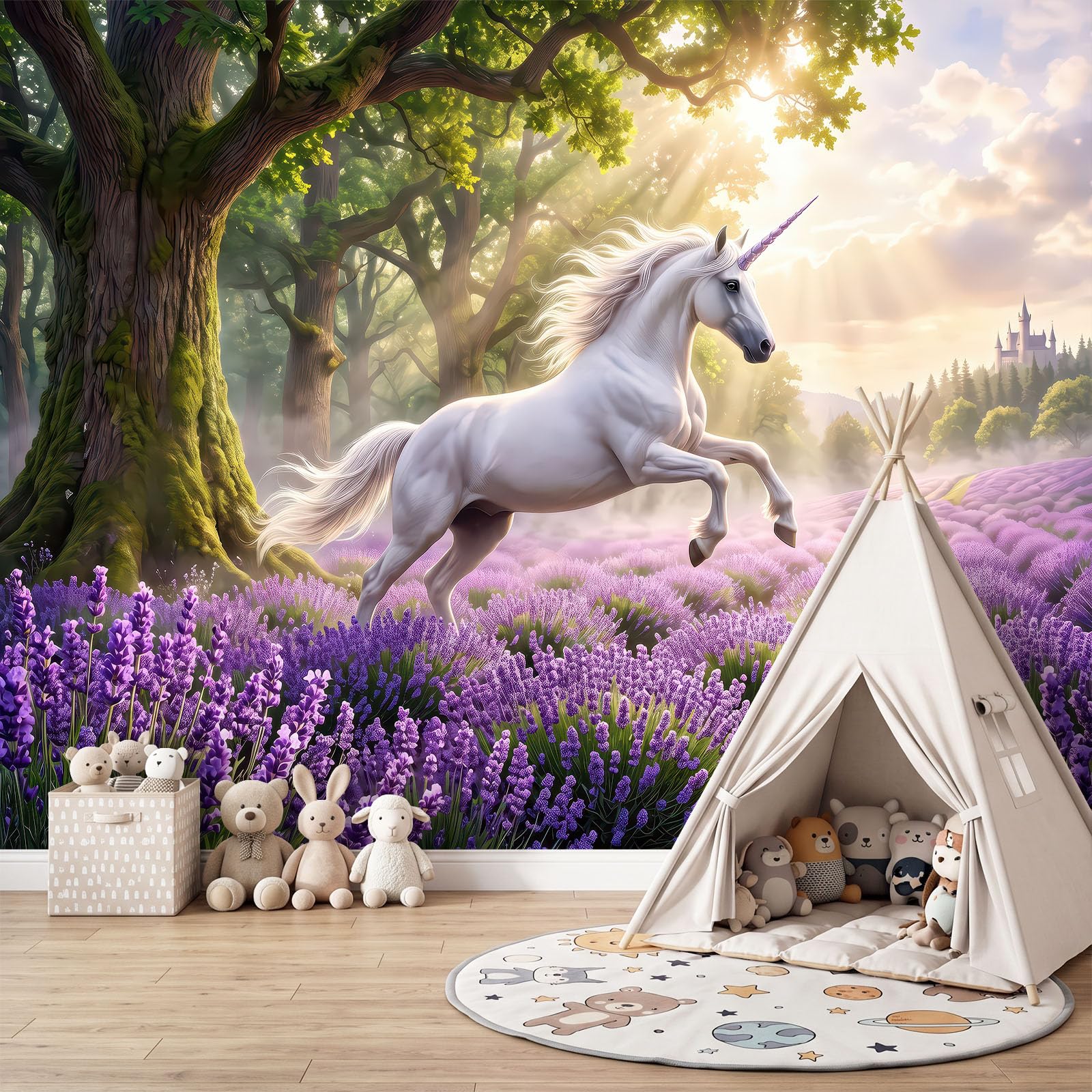 Carta da parati fotografica 500 x 280 cm, motivo animali romantici, unicorno, lavanda, 3D, in tessuto non tessuto, decorazione da parete, per soggiorno, camera da letto, poster artistico, carta da