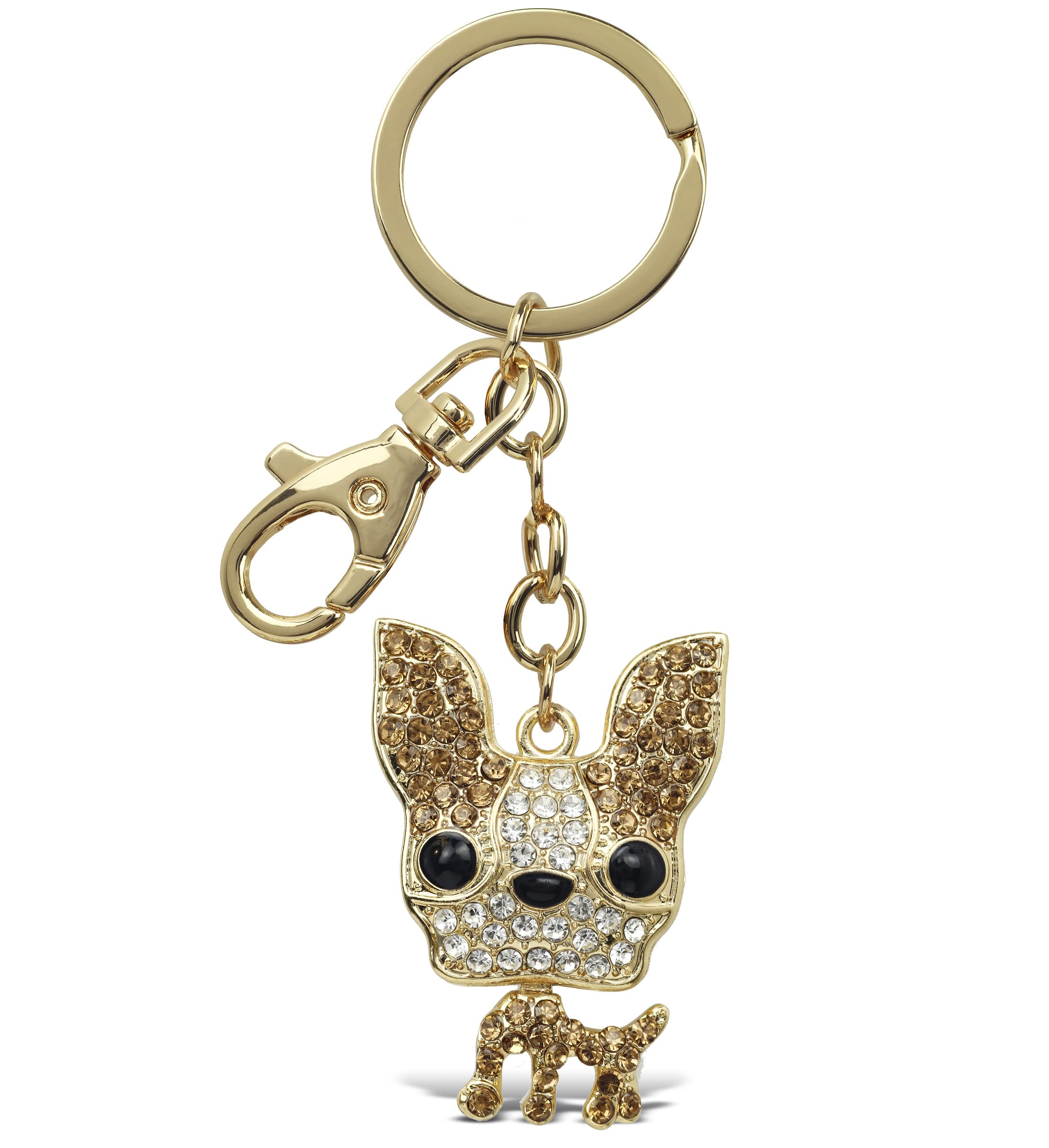 Aqua79 Chihuahua Dog Keychain - Gold 3D Sparkling Charm Rhinestones Fashionable Stylish Metal Alloy Durable Key Ring Bling Crystal Jewelry Accessory