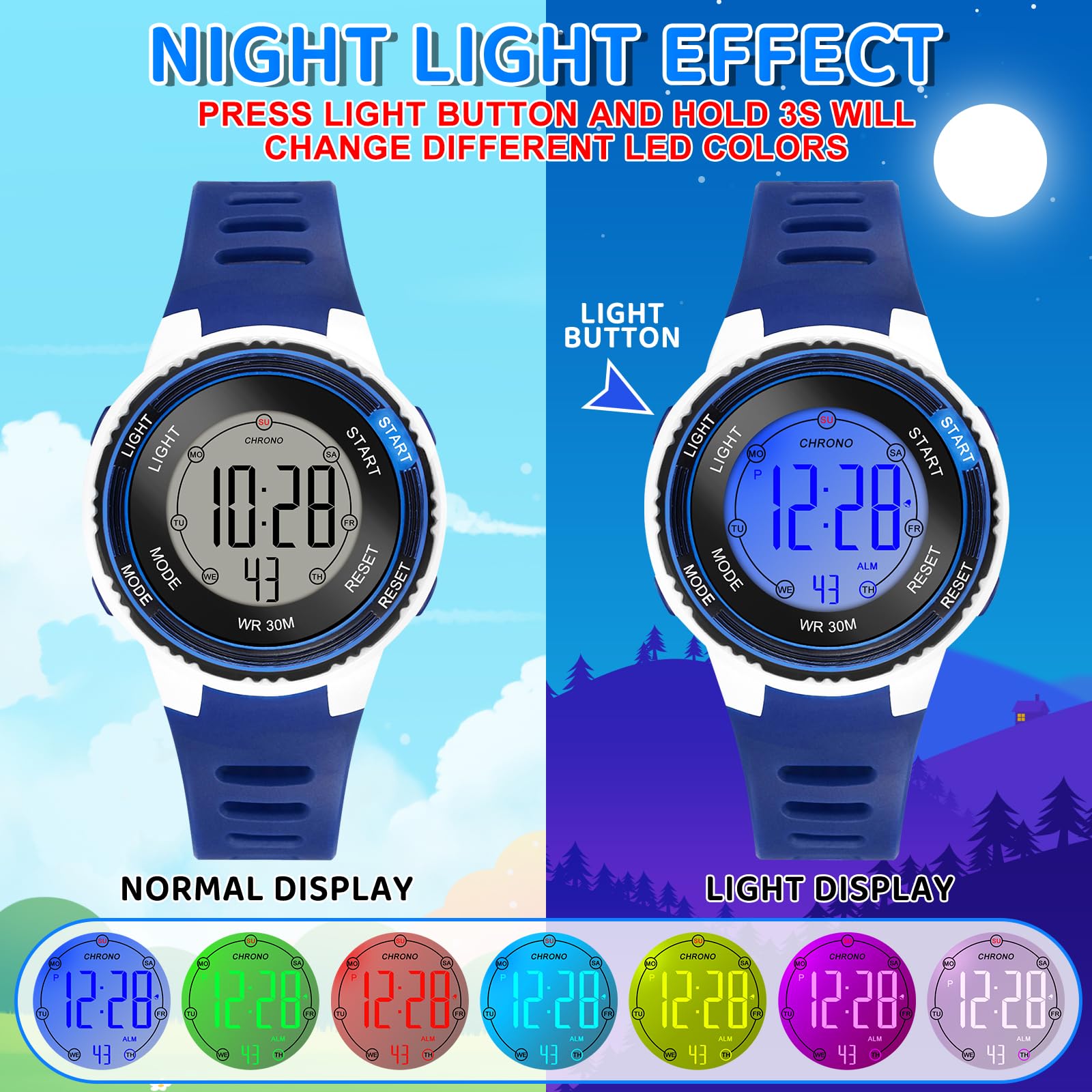 Edillas Reloj Niño Digital Infantil,Reloj Deportivo con LED 7 Colores,Impermeable 30M,Alarma,Cronómetro,Fecha,Regalo para Niños 4-15 Años