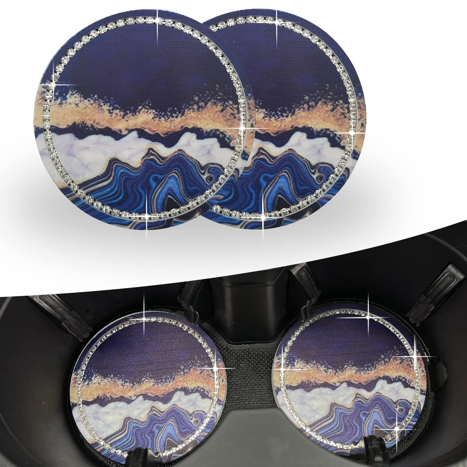 Photo 1 of 2PCS Car Cup Holder Coaster, 2.75Inch Marble Pattern Bling Non-Slip Coaster, Universal Car Interior Trim Accessories, Suitable for Decorating Most Cars (Blue)-- 4 ITEMS COLORS MAY VARY 