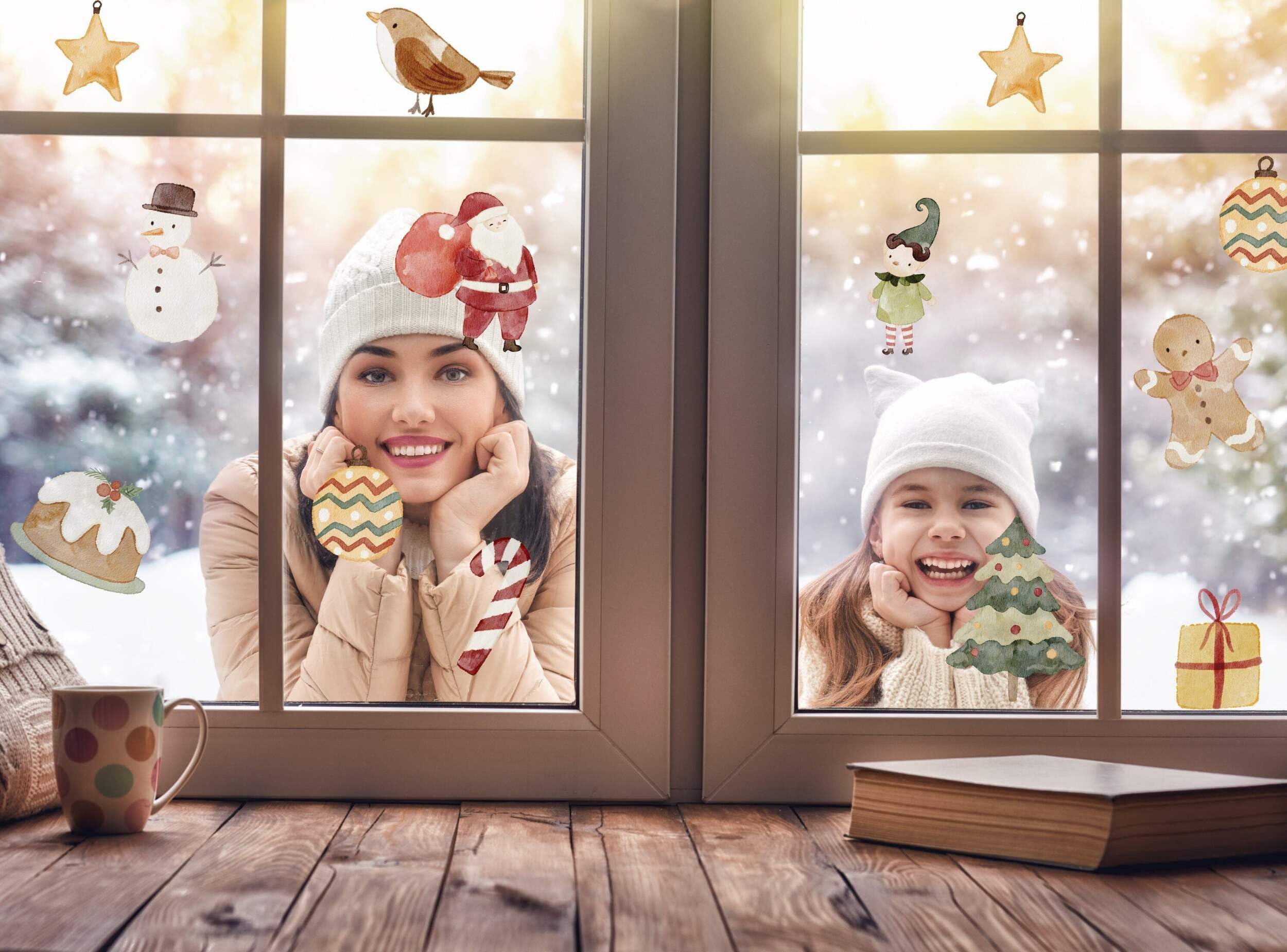 Quotemywall Light/White Cute Watercolour Christmas Characters Christmas Window Stickers