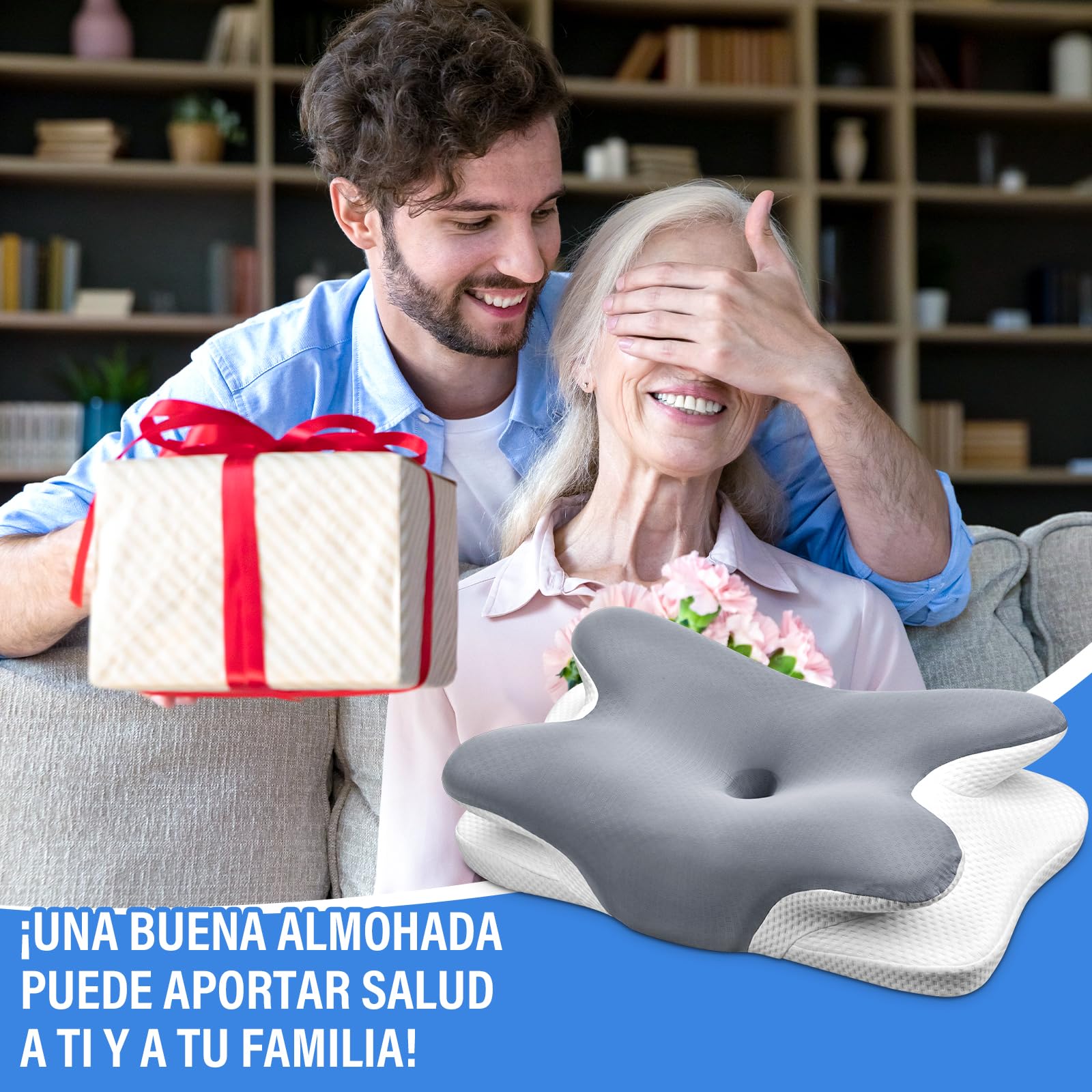 Ehomfory Almohada Cervicales y Cuello，Almohada Cervical de Espuma Viscoelástica, 2 en 1 Almohada Ergonómica para Dormir de Lado, Boca Arriba y Boca Abajo, 67x37x9/12 CM
