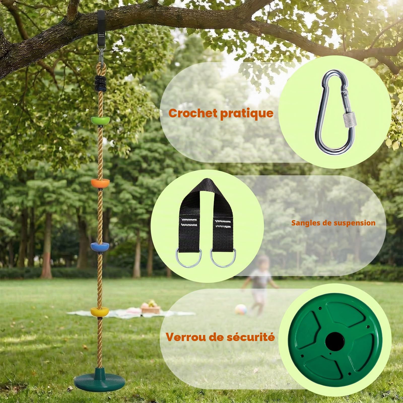 Vdealen Balançoire à Corde, balançoire d'extérieur pour Enfants avec siège Frisbee, idéale pour Le Jardin et la Cour, Longueur Ajustable, Longueur 1,9 mètre.