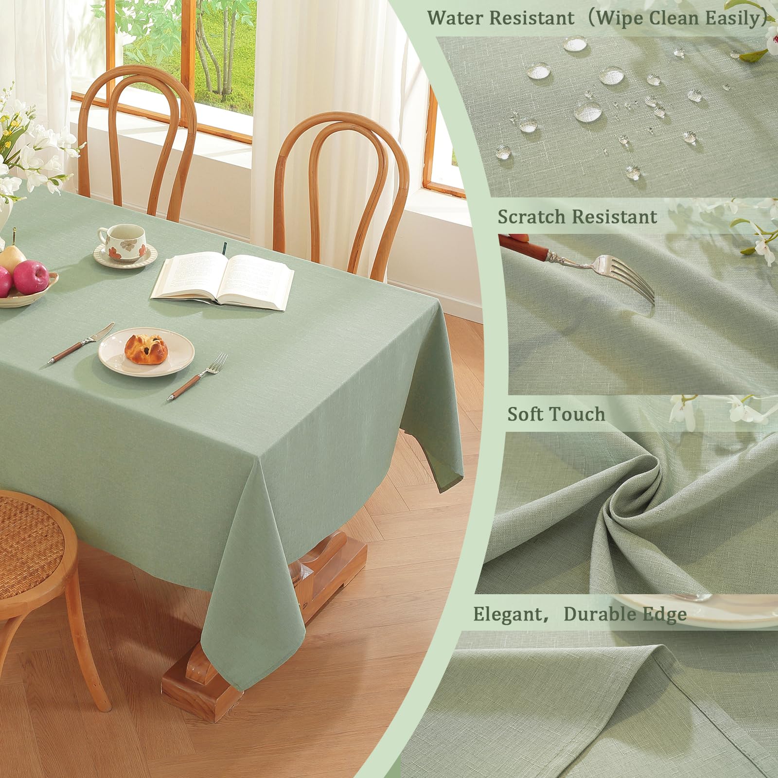 Alsoo Tovaglia rettangolare in lino, 152 x 270 cm, impermeabile, a prova di perdite, senza pieghe, per sala da pranzo, feste, buffet, vacanze, verde salvia