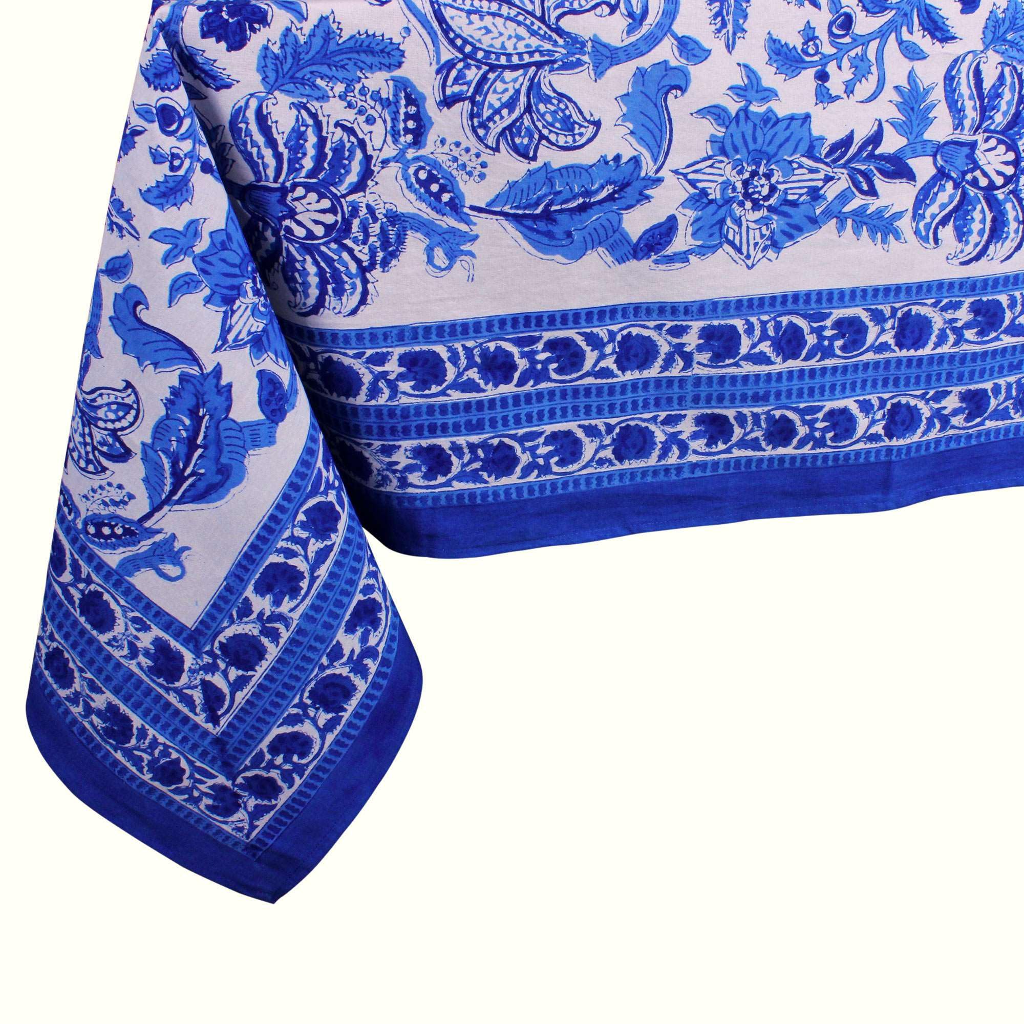 THE Unltd India Royal Blue 100% Cotton Rectangle Tablecloth, Block Print Summer Floral Dining Table Cloth, 60 x 90 Inch