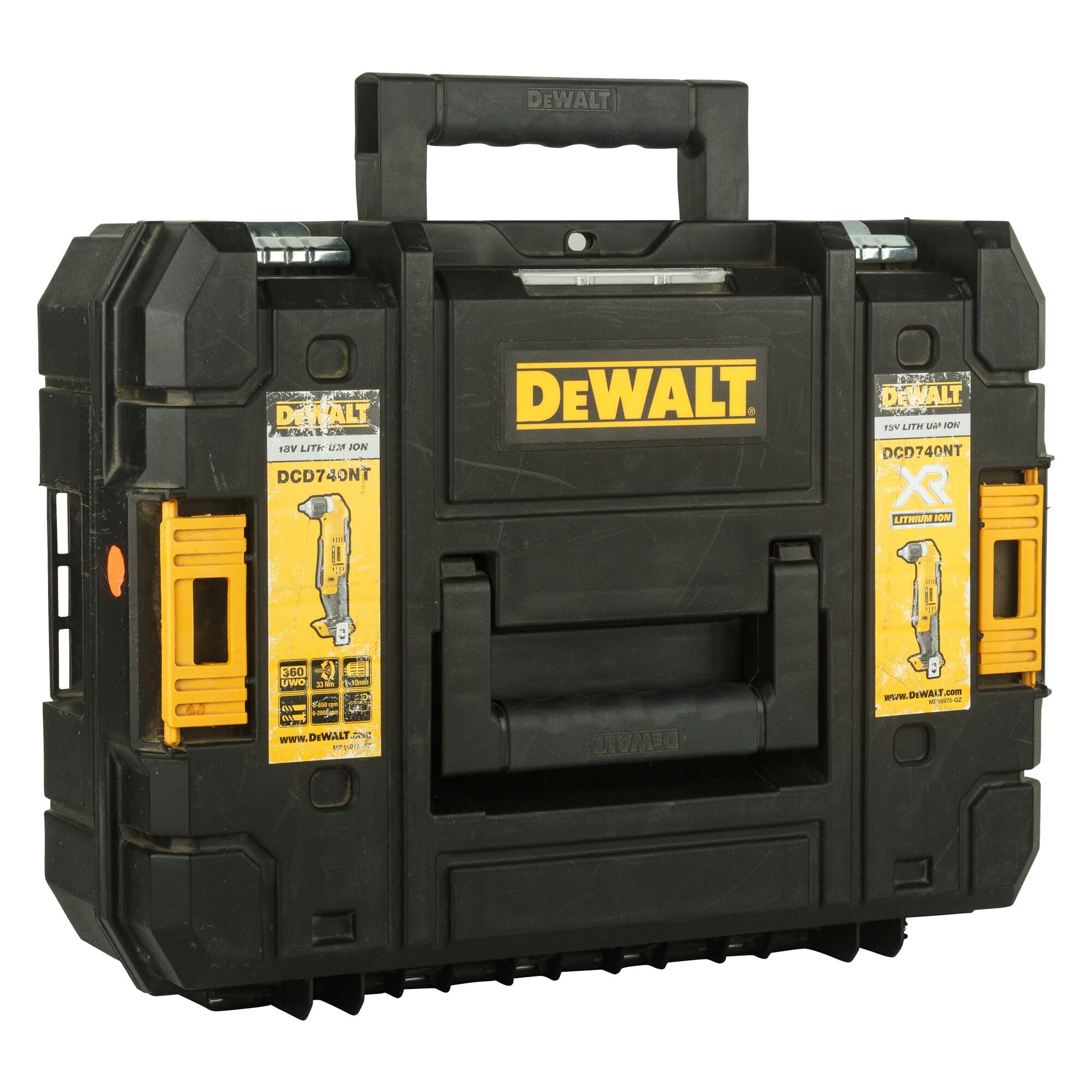 DEWALT Akku-Winkelbohrmaschine (18 Volt, für Bohrarbeiten an sehr verwinkelten Stellen, zwei-Gang-Getriebe, inkl. Zubehör und TSTAK Box II, Lieferung ohne Akku & Ladegerät) DCD740NT-XJ