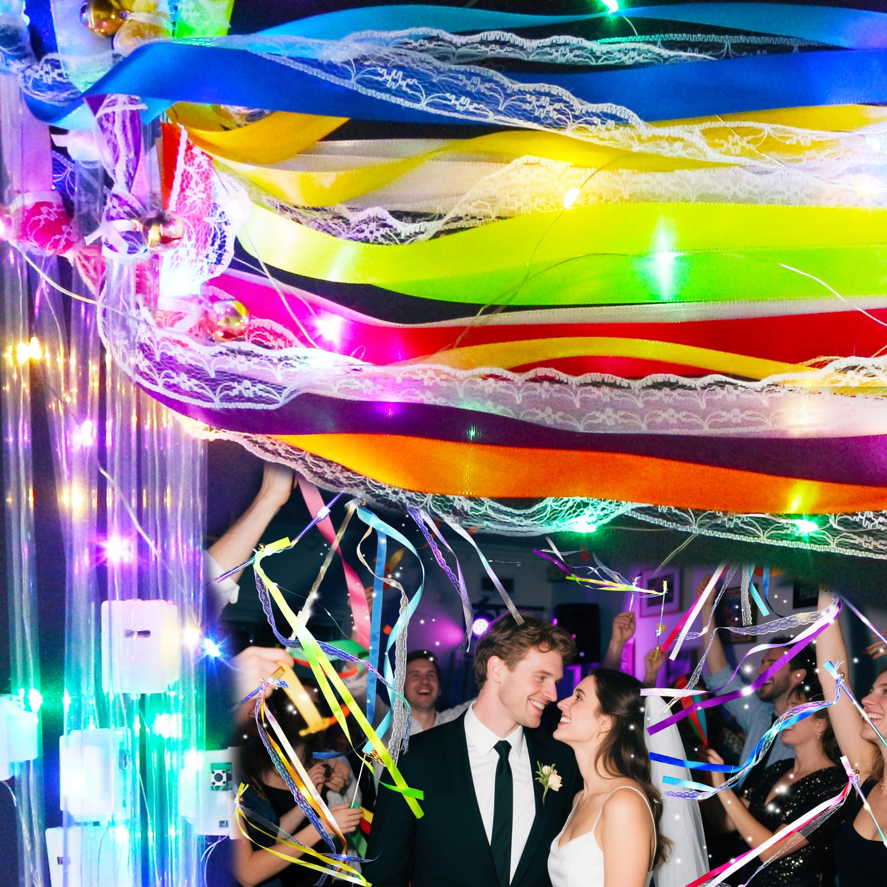 60 varitas iluminadas, cintas de boda con 3 modos intermitentes, varitas de hadas de seda LED con campanas para recuerdos de boda, Pascua, 4 de julio, decoración de cumpleaños (colorido)
