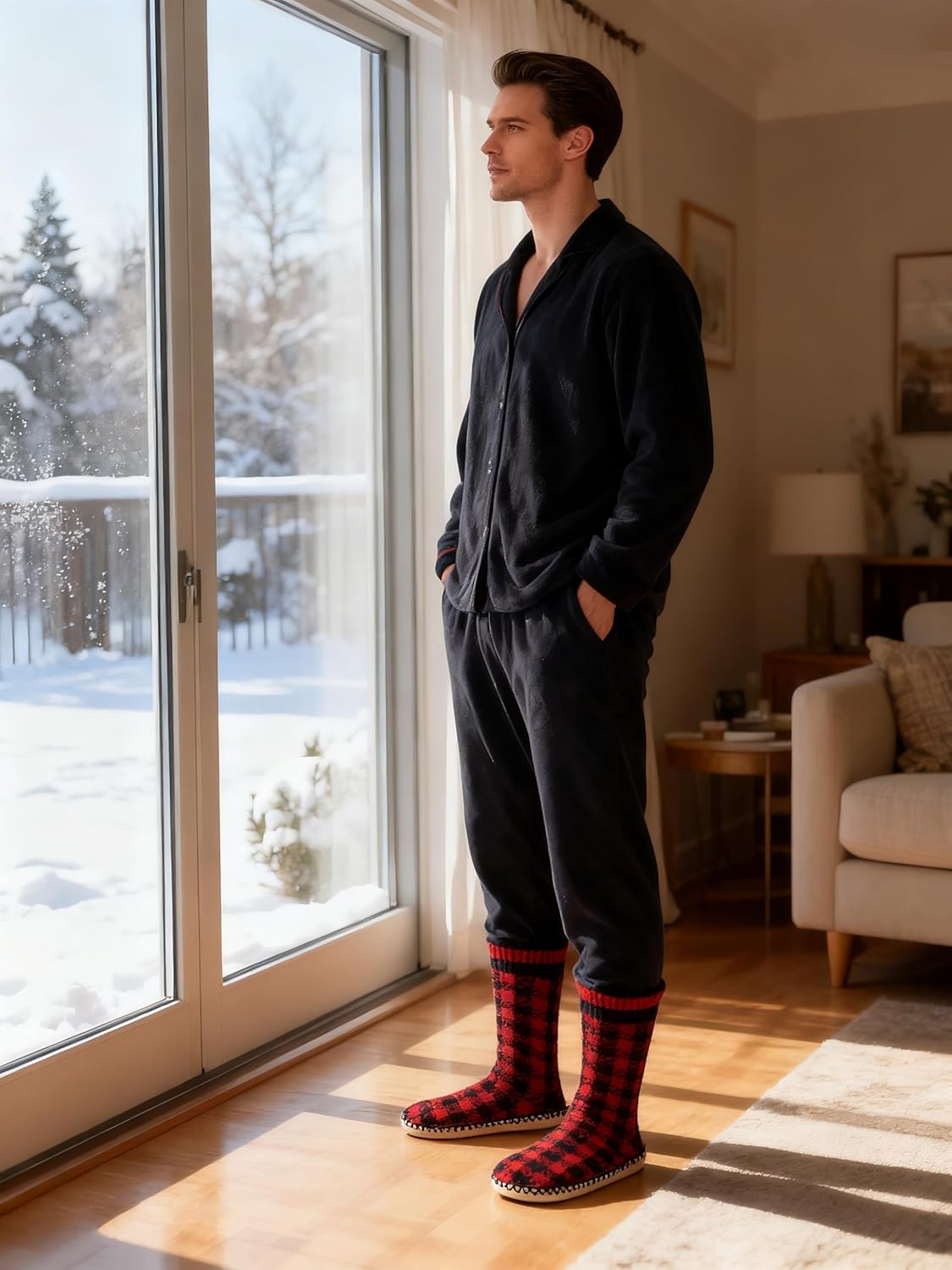 cosyone1997 Men's Slipper Socks, Winter Cable Knit Non-Skid Warm Slipper Socks, Cozy Soft Indoor Socks with Fluffy Sherpa Lined - Image 8