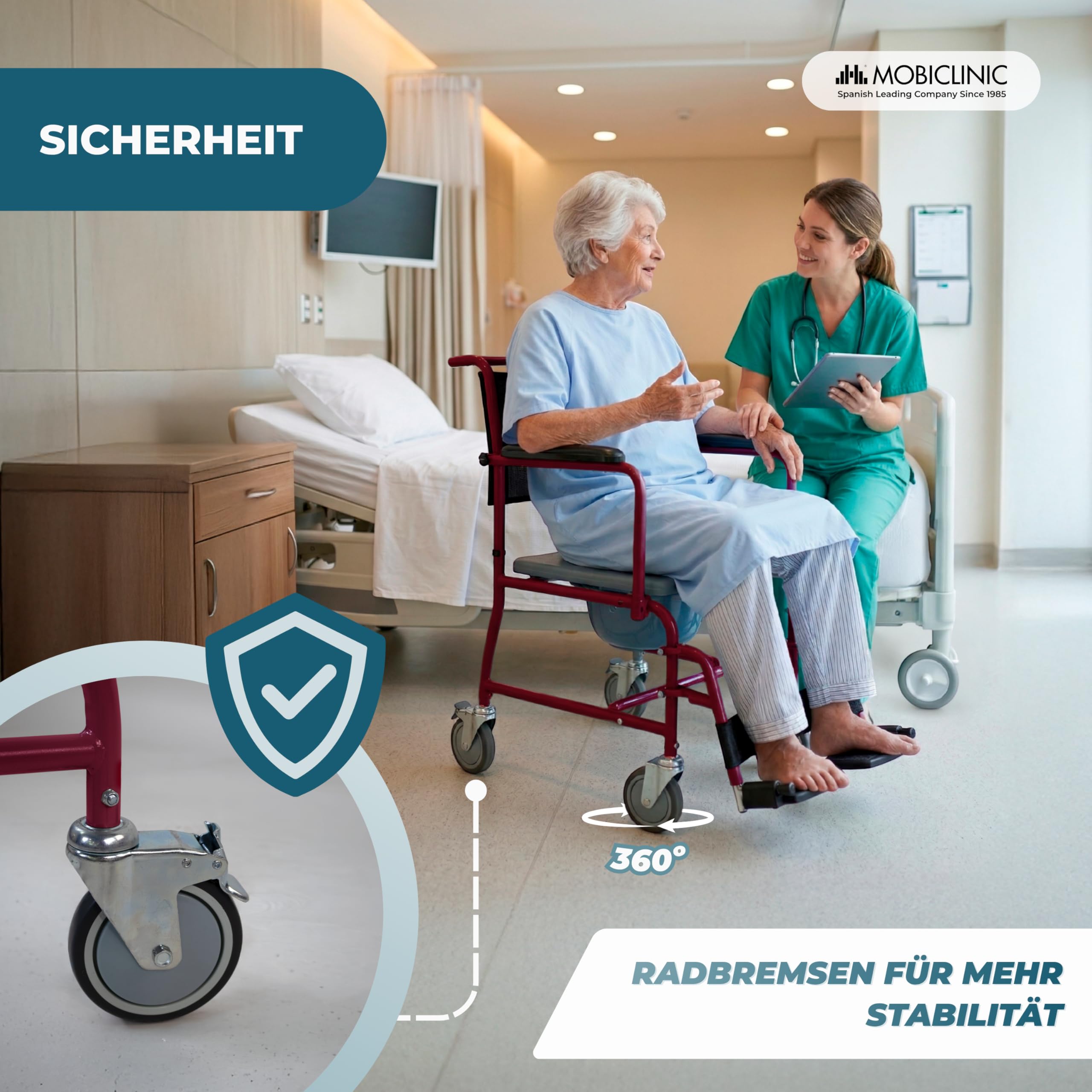 Mobiclinic, Toilettenstuhl mit rollen, Ancla, Europäische marke, Toilettensitz für ältere und behinderte, Wc sitz, Klappbare armlehnen, Abnehmbare fußstützen, Deckel, Bordeaux