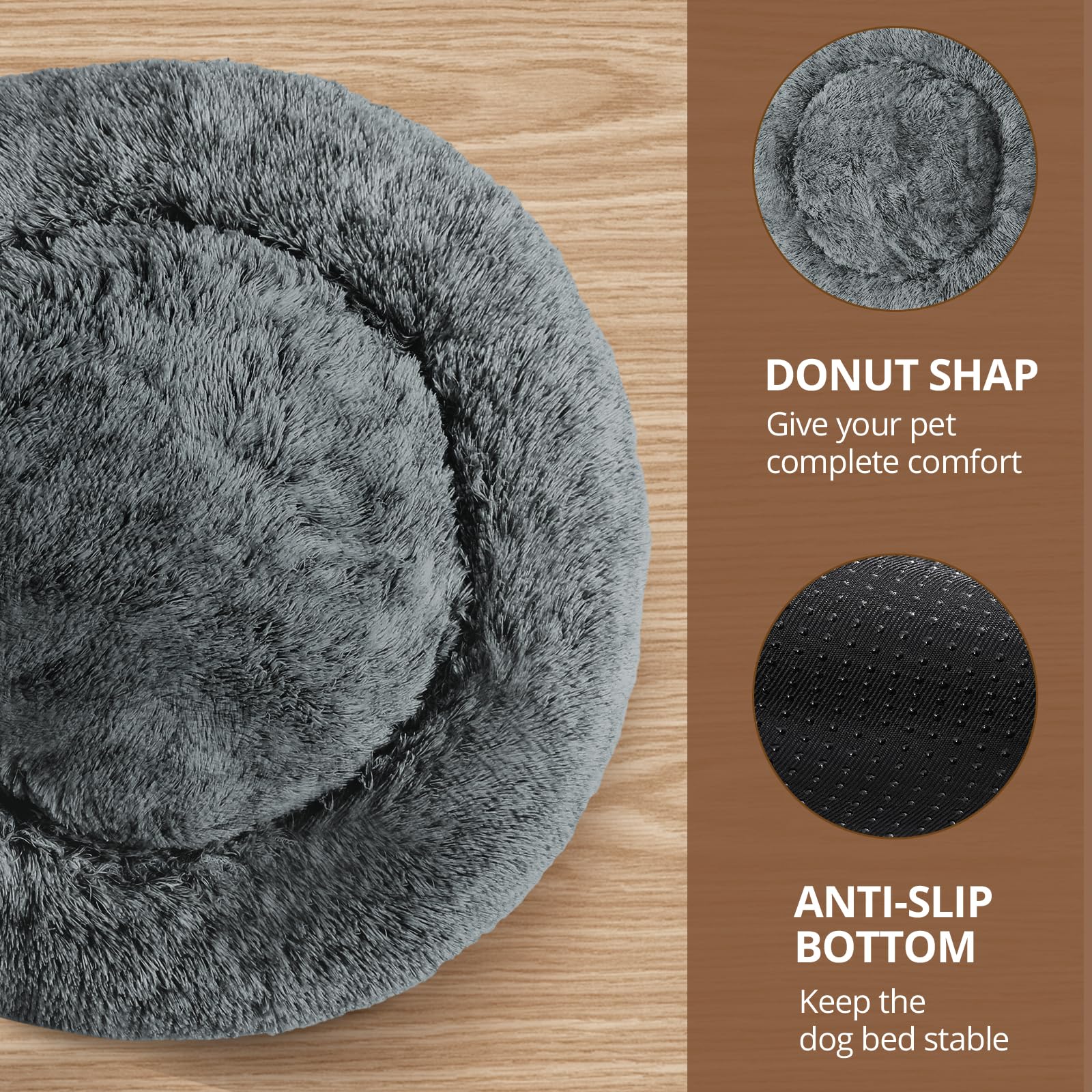 JOLLYVOGUE Calming Dog Beds Large Sized Dog, 36in Donut Washable Large Pet Bed, Anti-Slip & Anti-Anxiety Fluffy Faux Fur Round Dogs Bed, Fits up to 80 lbs Pets (Smoke Brown): 27.0"L x 27.0"W x 8.0"Th Navy Grey