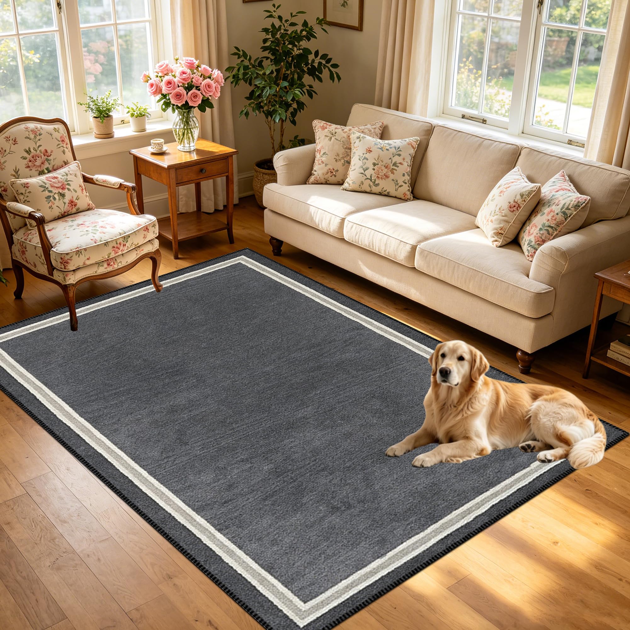 Tapis de salon lavable gris foncé 200 x 270 cm grand format antidérapant