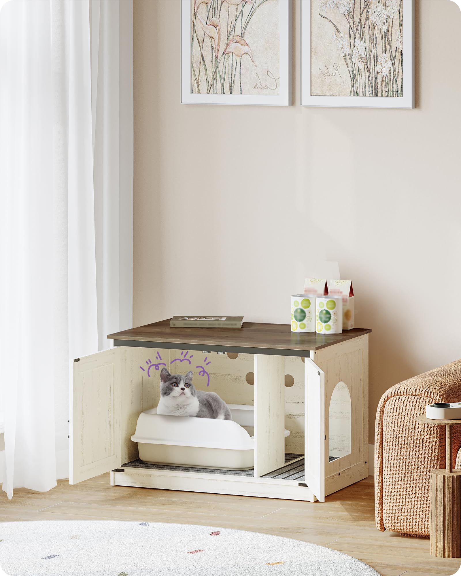 Hzuaneri Mobile Lettiera per Gatti,80cm Bianco Marrone,Divisorio Rimovibile | Mobile Moderno per Lettiera Nascosto con Divisorio Rimovibile, Casetta per Gattis, Cassetta per Gattis per Interno, CB86614X