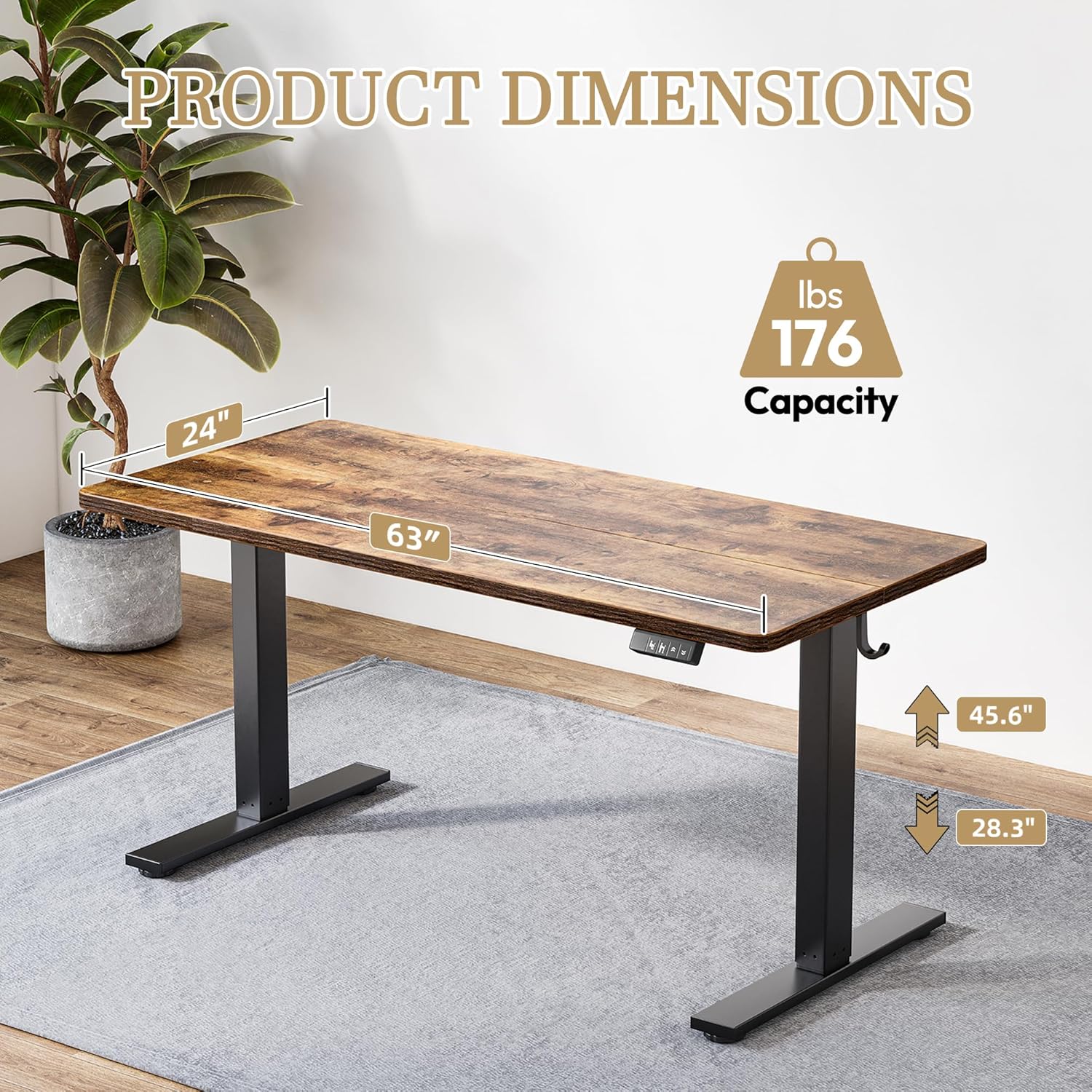 TIQLAB Electric Adjustable Workbench, 63"x24" Craft Table Adjustable Height, Ergonomic Worktable for Garage, Craft Desk, Spacious Desk for Sewing and Crafts, Rustic Wood