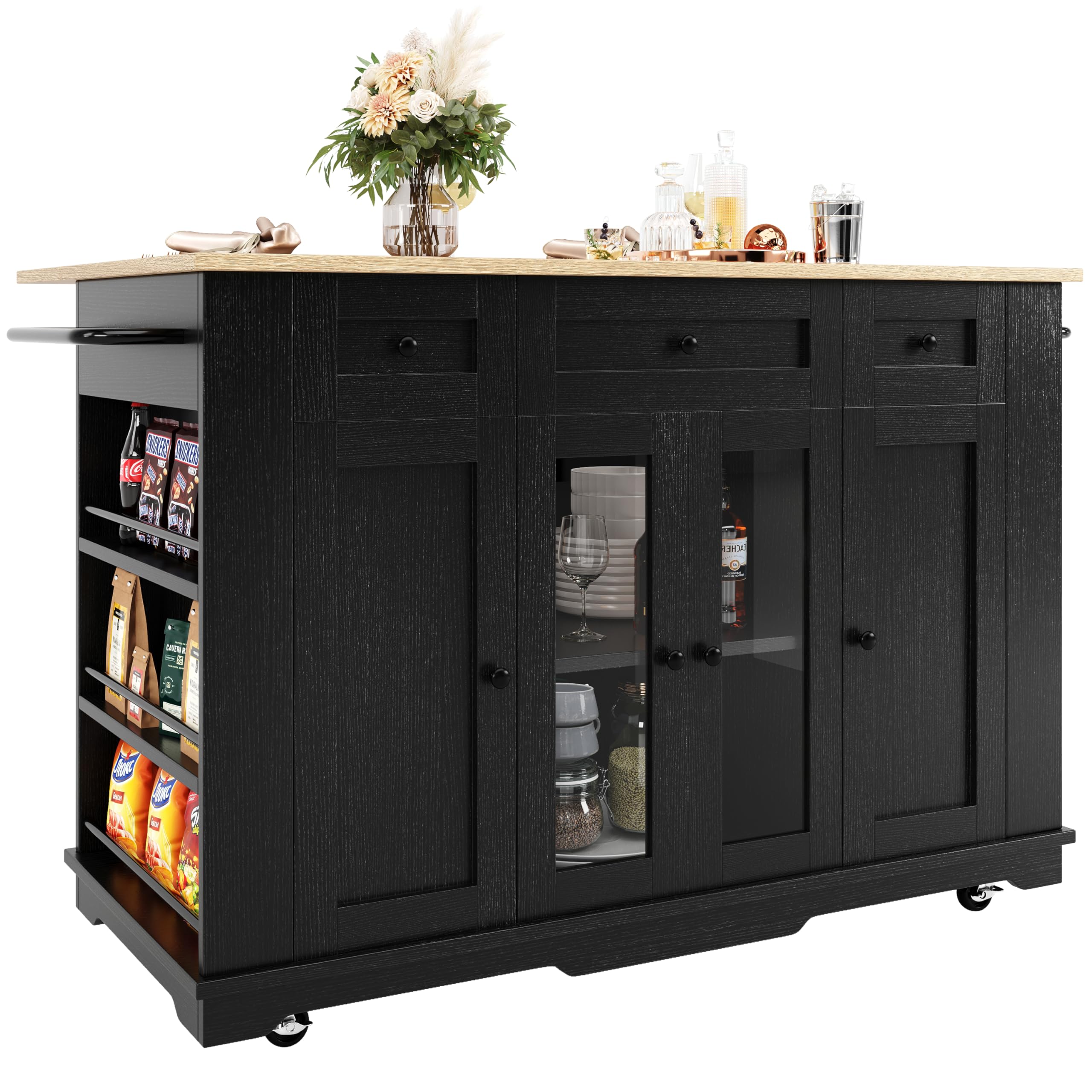 Gxffipw Kitchen Island on Wheels with Snack Shelves and Towel Rack, Kitchen Island with Folding Table, Sideboard Cupboard Cabinet Cart with 4 Doors, Black, 151.5x60-85x91.7 cm
