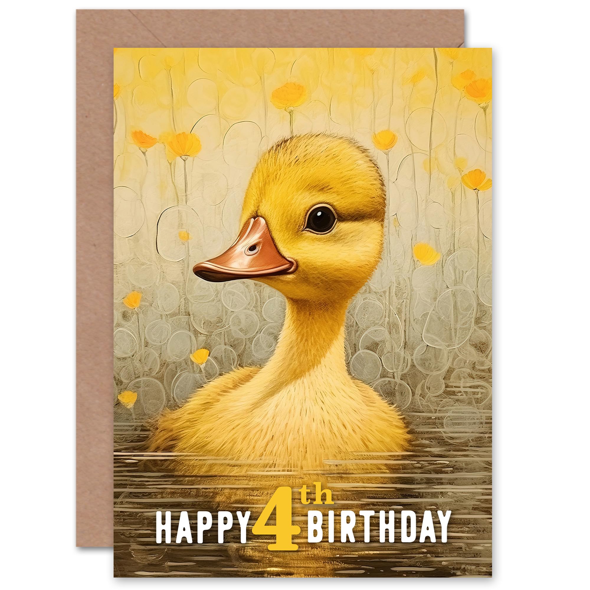Artery8 Kids Birthday Age 4 Cute Sweet Duckling Duck Pond Flowers For Child Girl Daughter Blank Inside Greeting Card