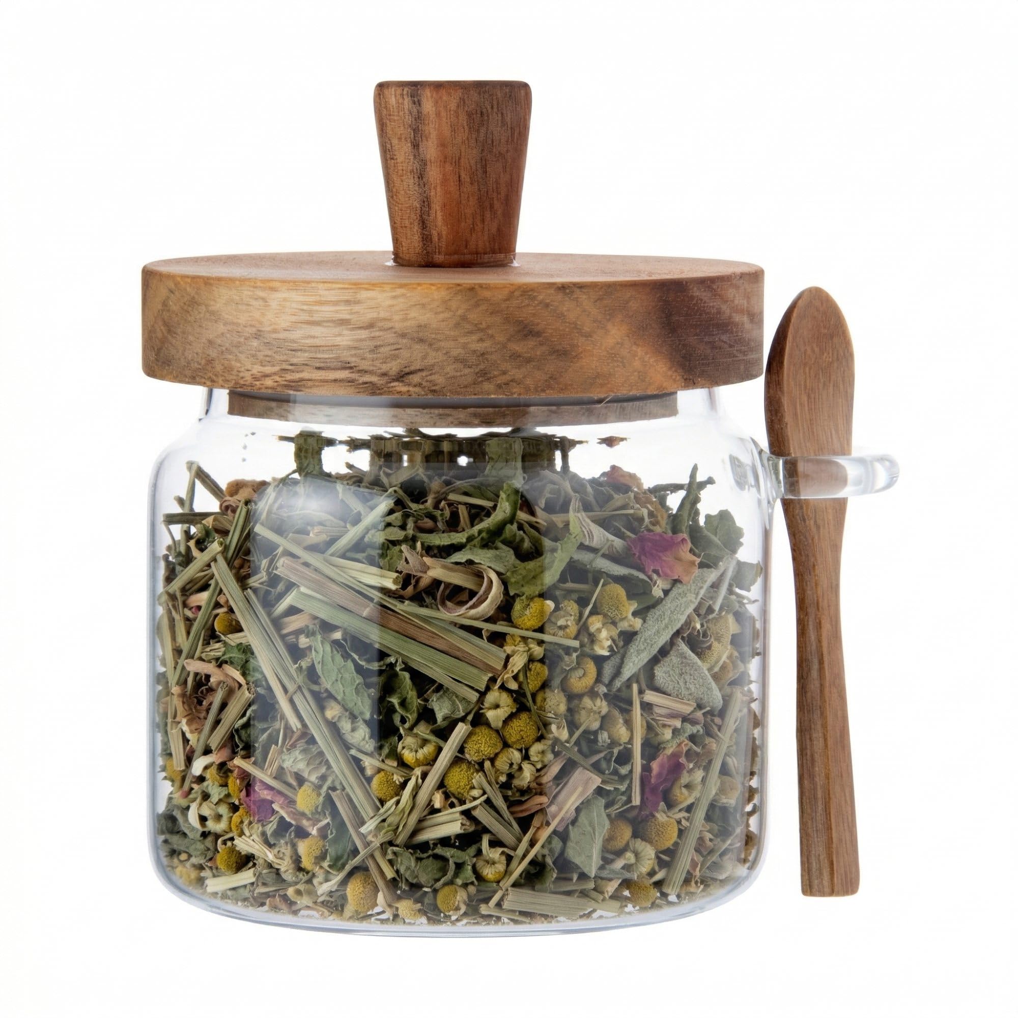 Restaurantware Vetri - Tarro de almacenamiento de vidrio de 17 onzas, con tapa de acacia, 3 1/4 pulgadas x 3 1/4 pulgadas x 5 pulgadas, 1 caja