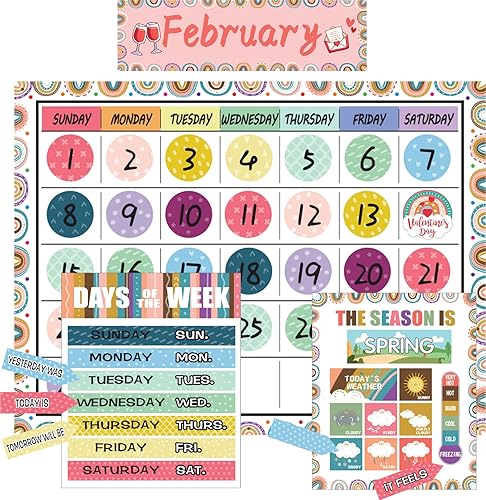 Juego de tablones de anuncios con calendario de arcoíris bohemio, calendario de estaciones, tabla de anuncios CTP y decoración de aula con
