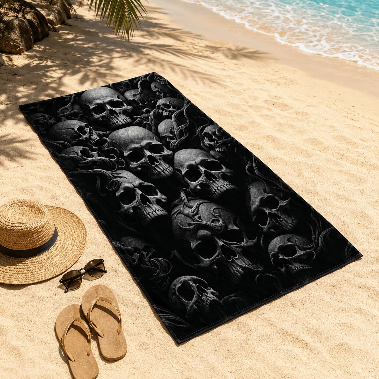 Telo Mare Microfibra Teschi Sovrapposti Asciugatura Rapida | Asciugamano da Spiaggia Veni In Sottoprint, 145x200 cm, Assorbente, Accessori Mare, per Palestra Viaggio