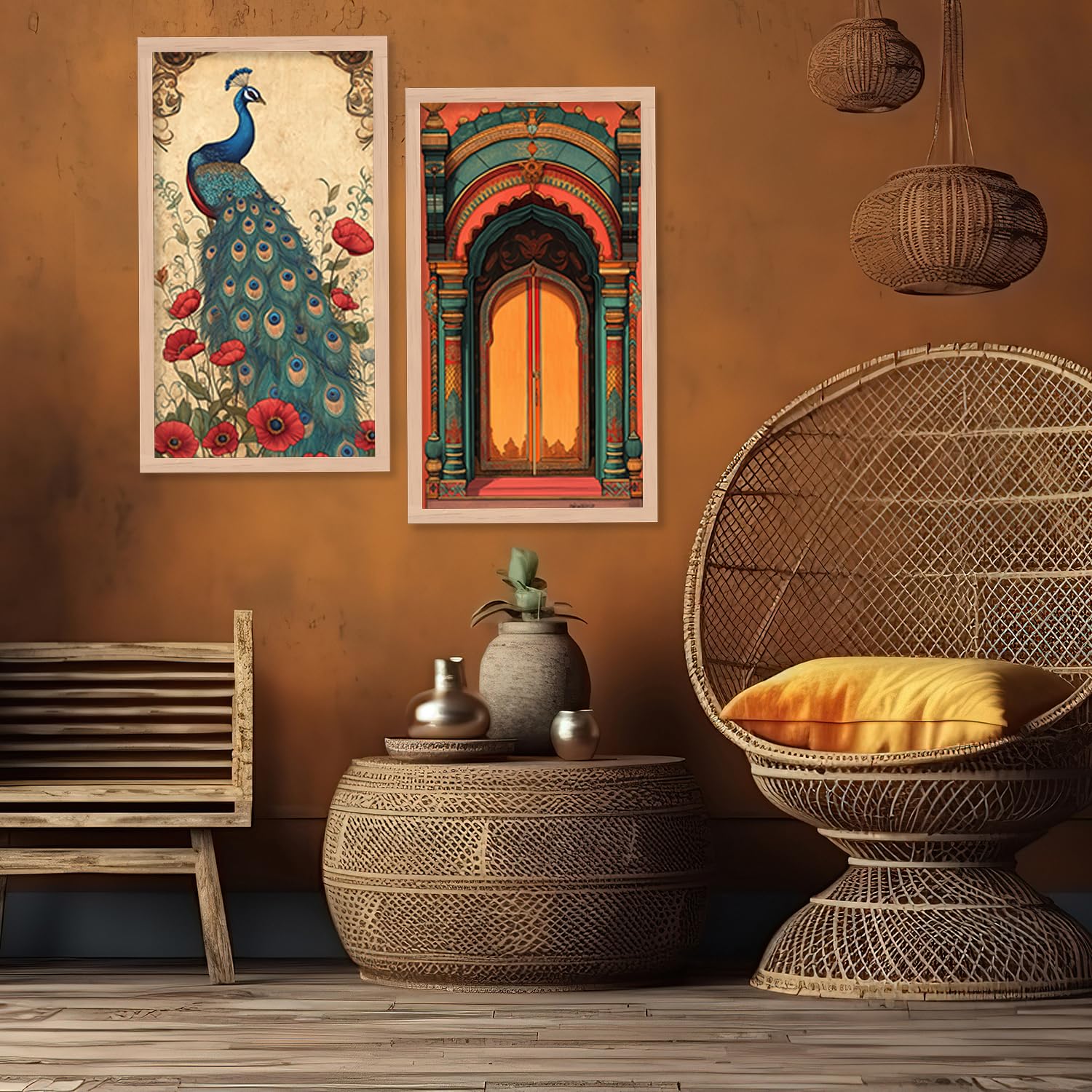 BANGERZ Painting For Wall Decoration - Madhubani Wall Painting for Living Room Bedroom Office Wall Decor (10inch x 19inch)(Pack of 4) (Artwork 6, Brown Frame, Framed) 1