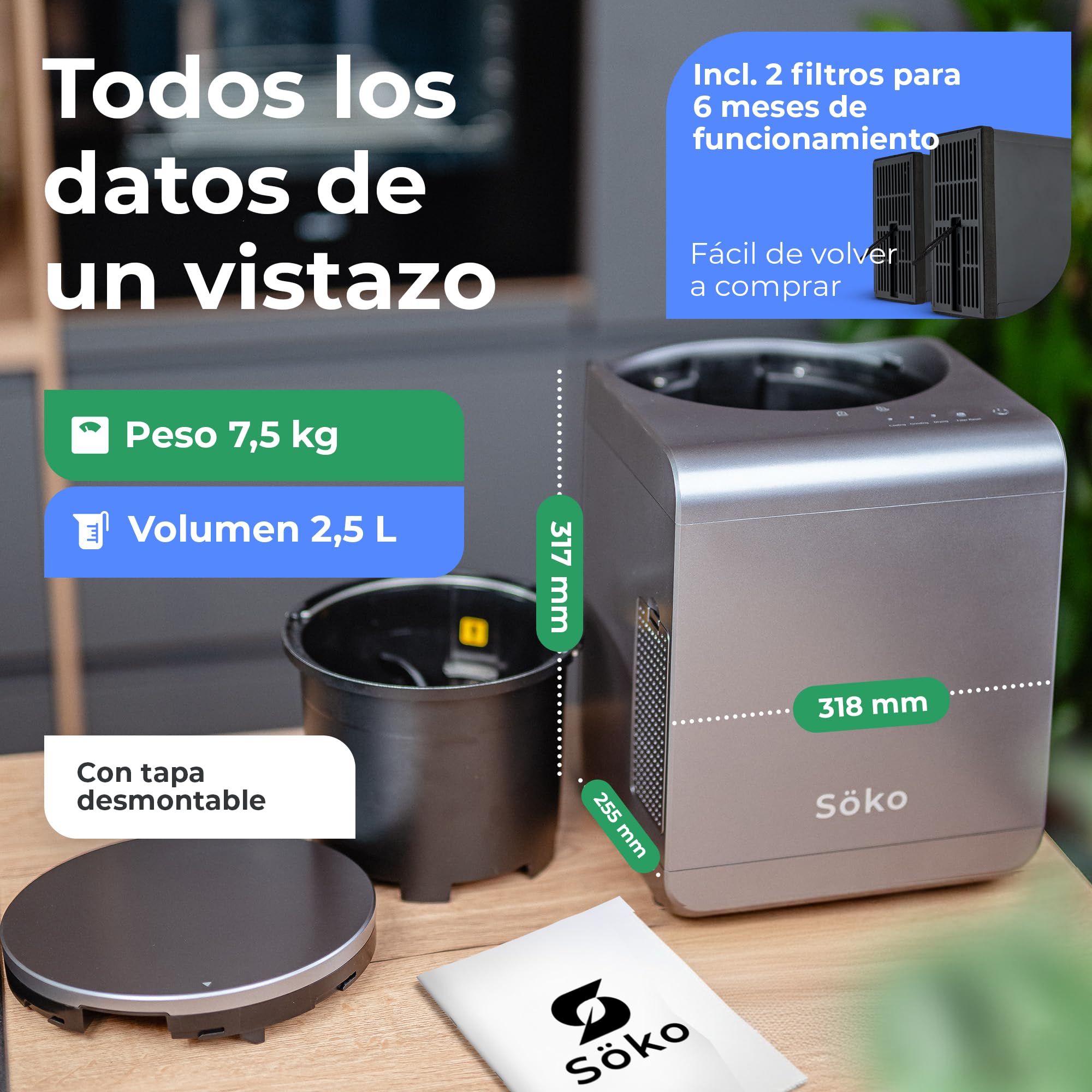 Compostador eléctrico [2 filtros de carbón Activo] Compostador eléctrico rápido: solución revolucionaria para el Compost en la Cocina, el jardín y el balcón | Mini compostador eléctrico