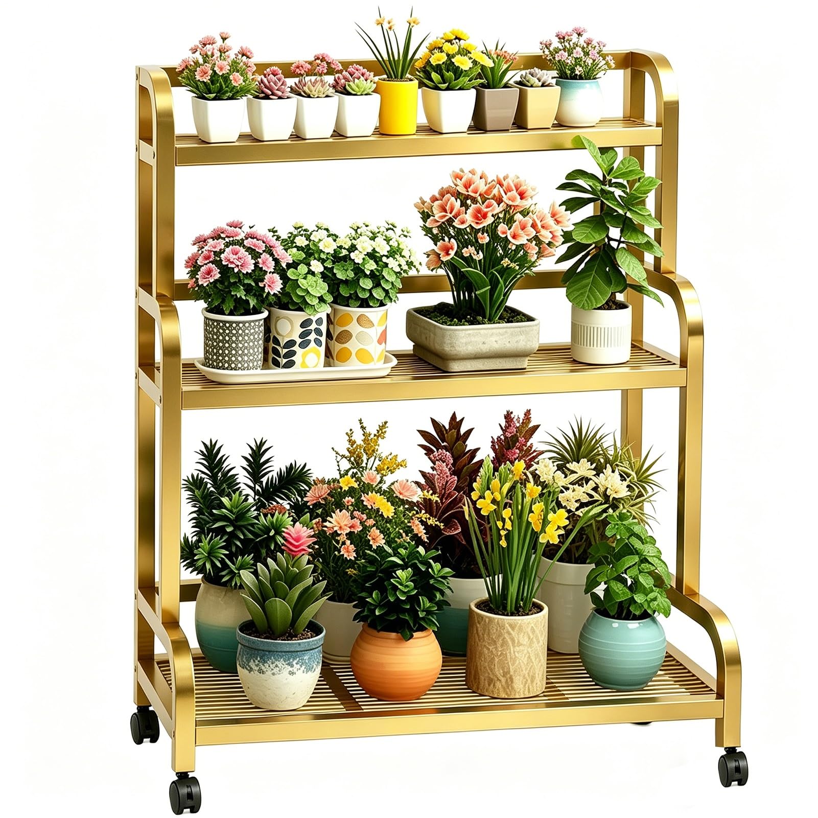 DMCHENGMA 3-Tier Gold Metal Plant Stand with Wheels - Modern Sturdy Wrought Iron Corner Shelf | Tiered Planter/Storage Display Rack(80x40x107cm)