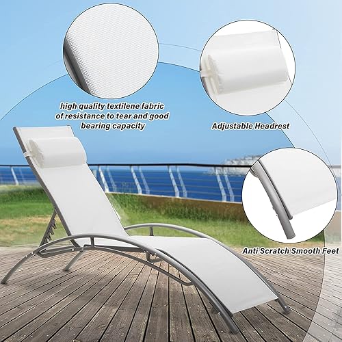 Miniatura 4 de Saemoza Juego de 2 sillas reclinables ajustables para exteriores, playa, al aire libre, piscina, tomar el sol (blanco)