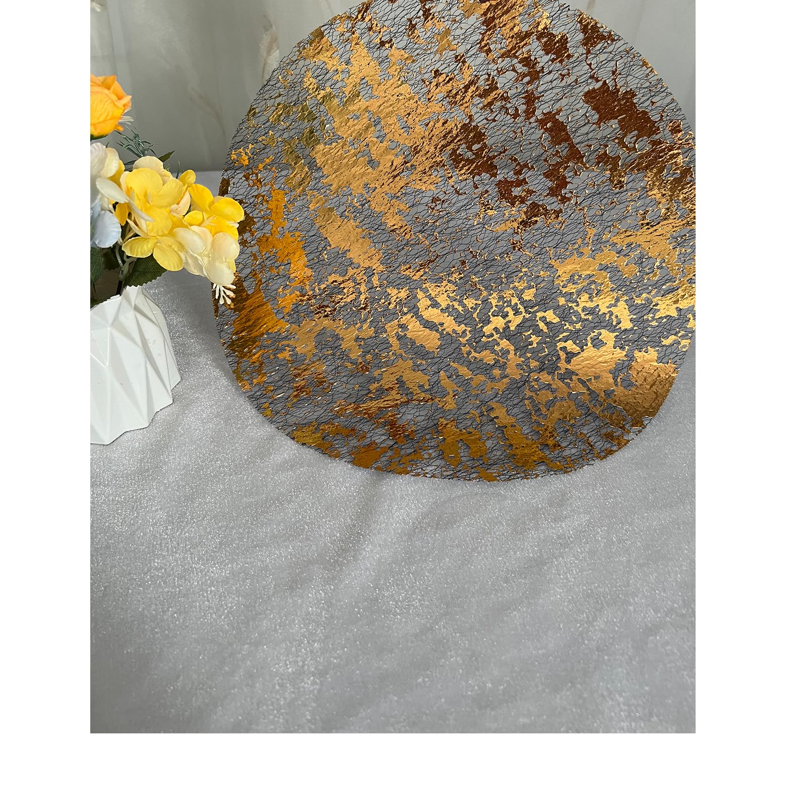 Juego de 12 manteles individuales desechables dorados, metálicos, finos, redondos, de malla de aluminio prensada, 12 unidades, para bodas, fiestas de cumpleaños