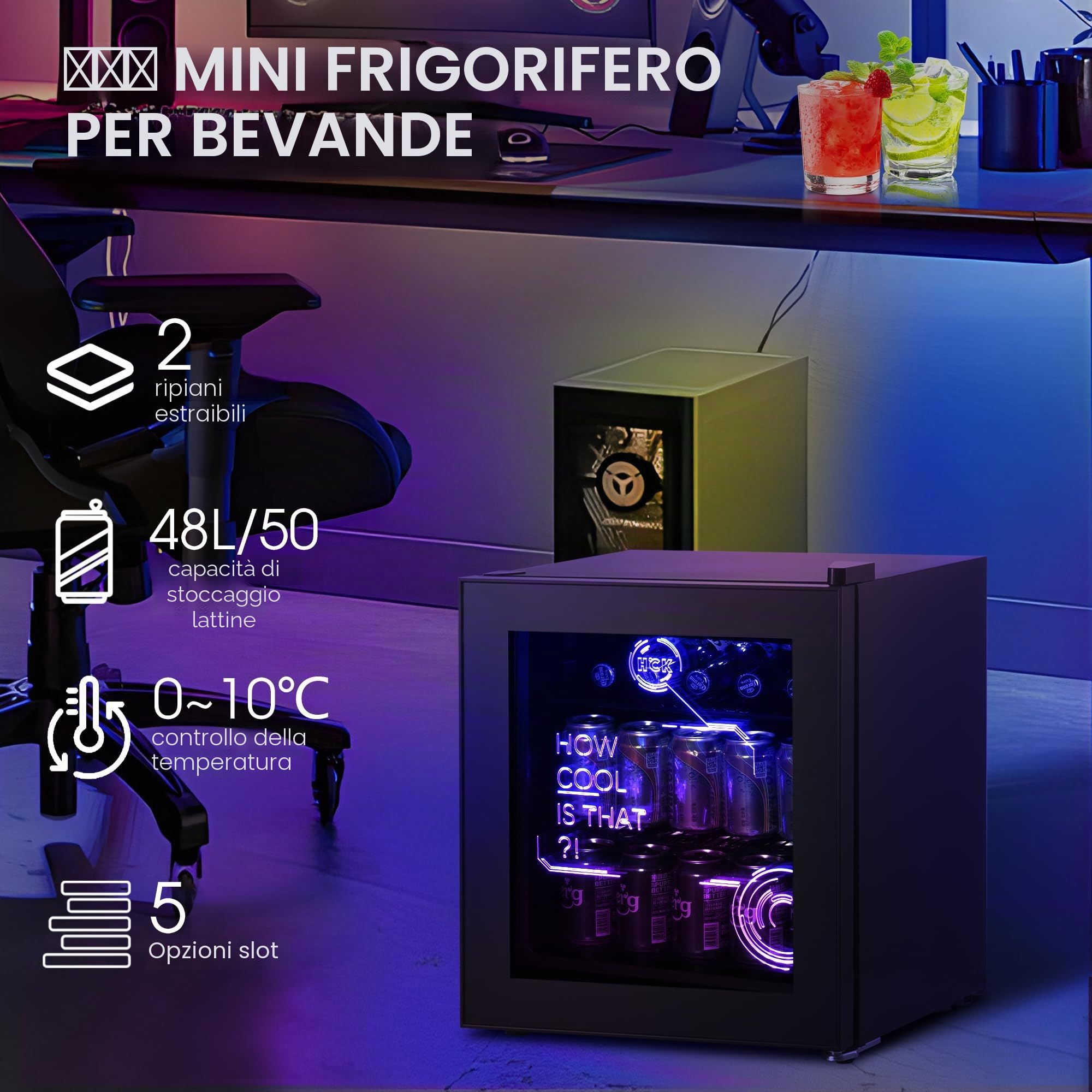 HCK Mini Frigo, Refrigeratore Bevande 48L, Frigorifero Piccolo con Illuminazione Moderna Cyberpunk, Mini frigorifero da 0 a 15°C, Porta a Vetro,per Sala Giochi, Festa, Nero