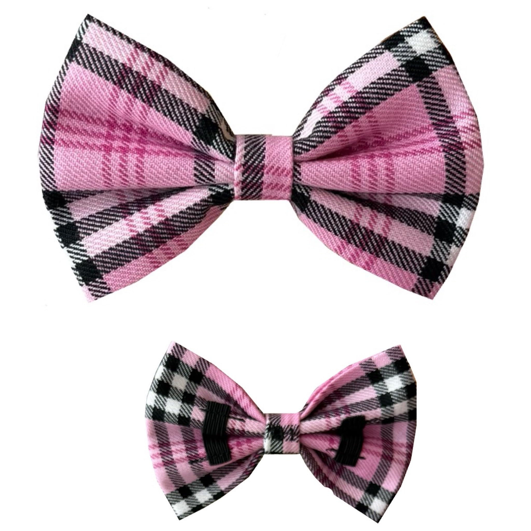 New Dogs Bow Tie Tartan woven Elastic Band attach COLLAR ACCESSORY Handmade UK (Medium Pink and Black), beige