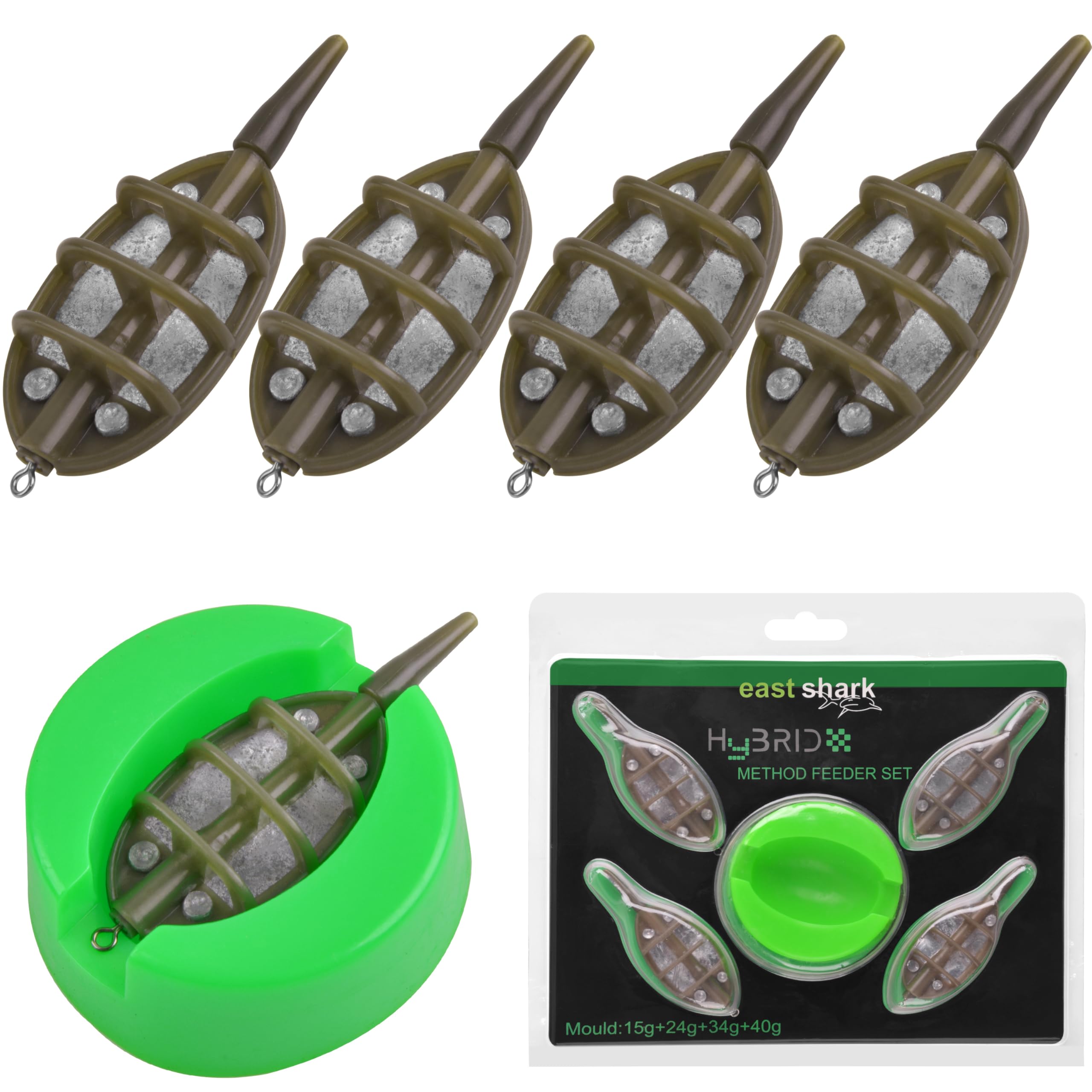 FUSIGO Carp Fishing Inline Method Feeders Set, 4pcs Inline Method Feeders with 1pc Quick Release Mould Holder Tool Carp Fishing Accessories Tackle