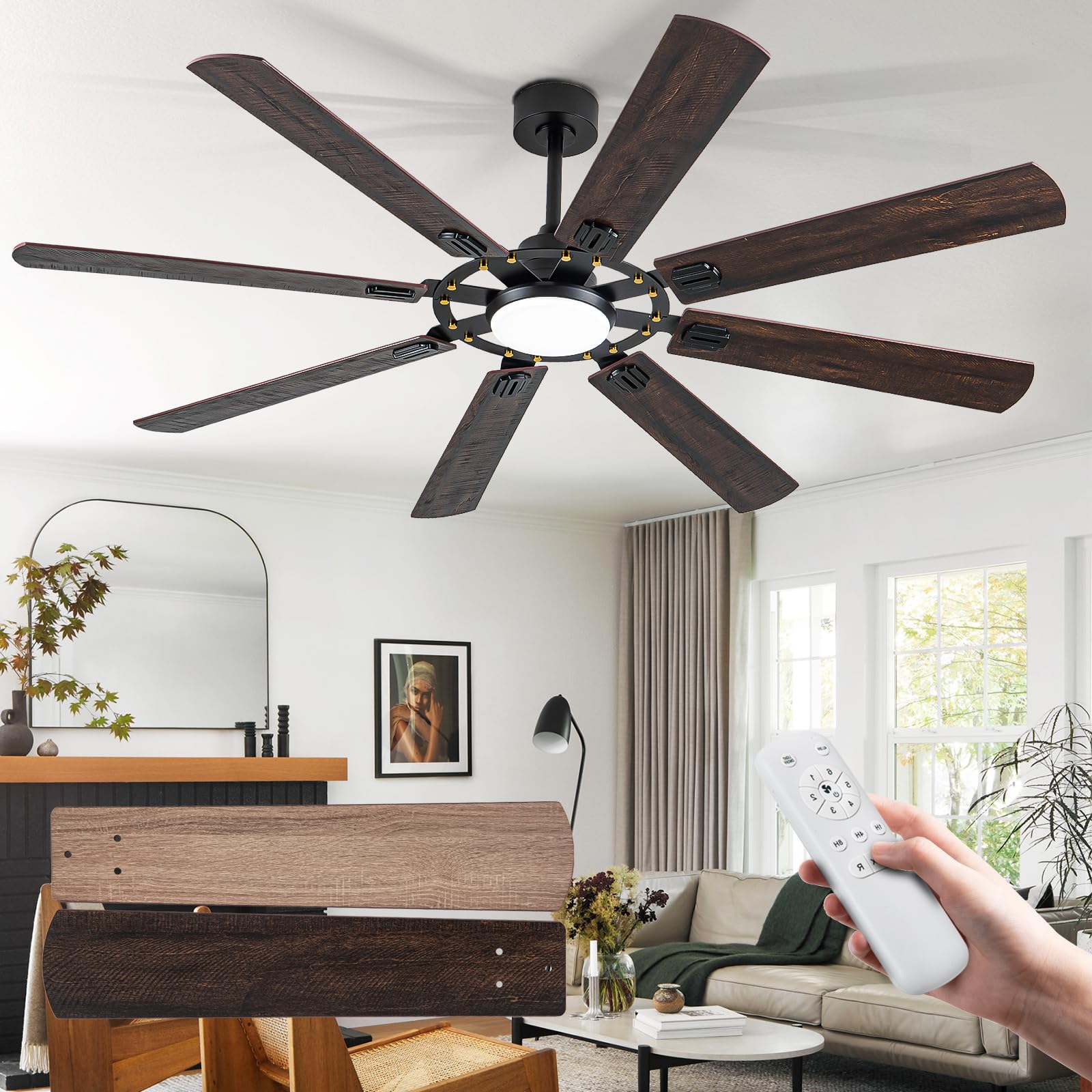 Ceiling Fans with Lights and Remote, 72 Inch Indoor/Outdoor Large 8 Blades Modern Industrial Fan Ceiling,6 Speed Reversible DC Motor, 3CCT, for Living Room/Patio/Bedroom/Large Room