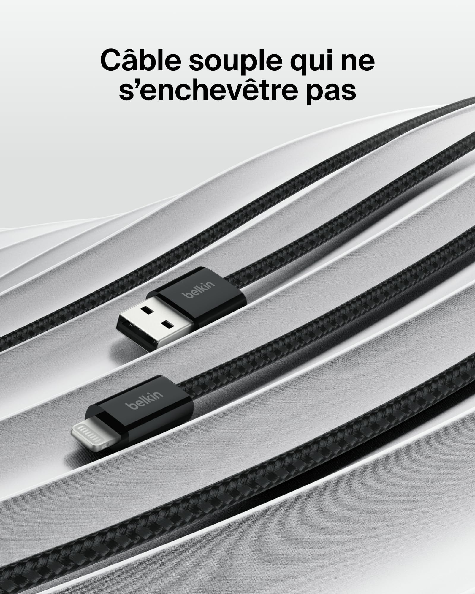 Pack De 2 Câbles USB-C Vers Lightning Belkin 1,5m - Gaine Tressée, Recharge Rapide IPhone, IPad, AirPods - Résistants, Certifiés MFi - Blanc
