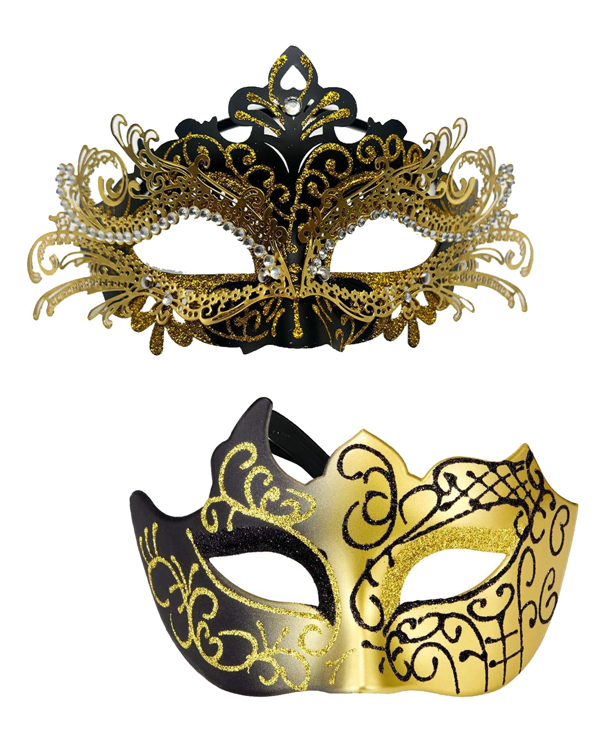 HeHeGe Couple Masquerade Masks with Shiny Rhinestone Venetian Party Mask Halloween Costume Carnival Mask New Year Party Christmas for Couples Women and Men (Gold)